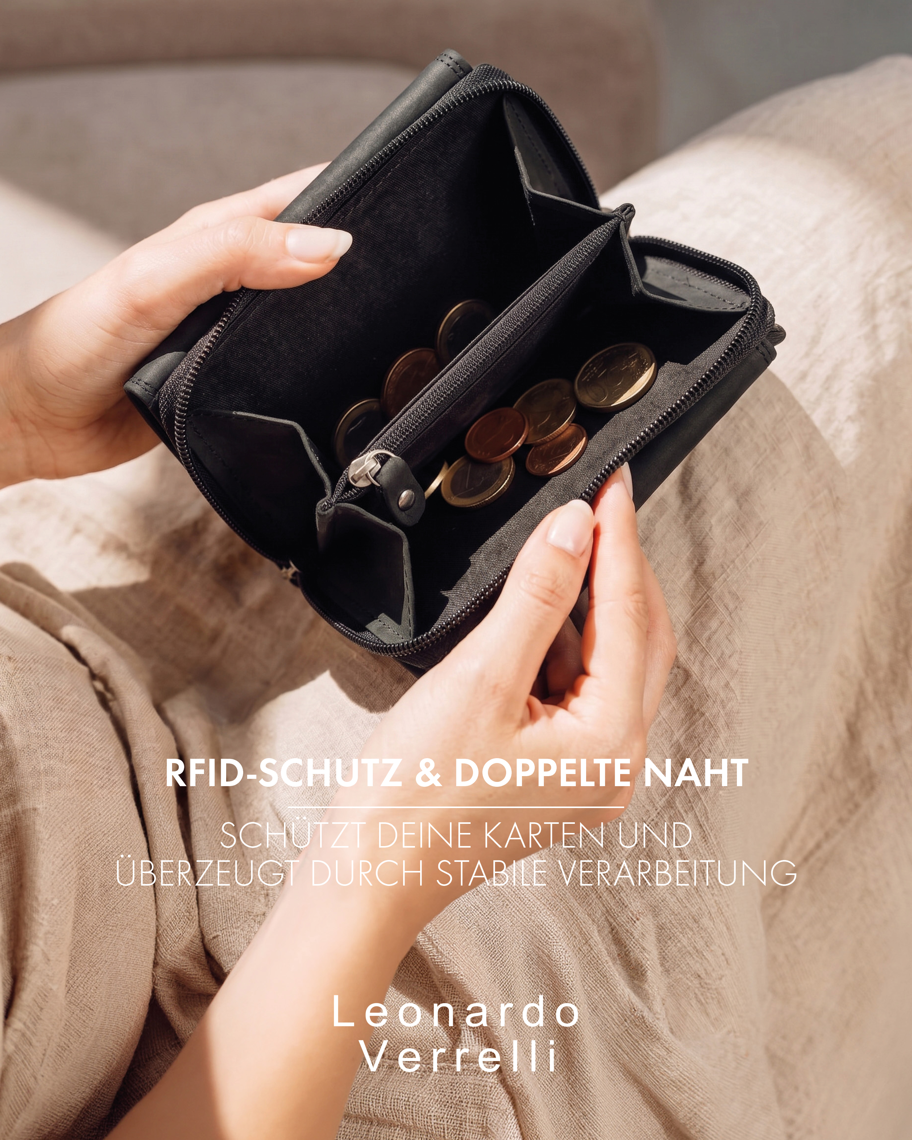 Leonardo Verrelli Echtleder (Hunter) Damen Geldbörse, Querformat, RFID, schwarz
