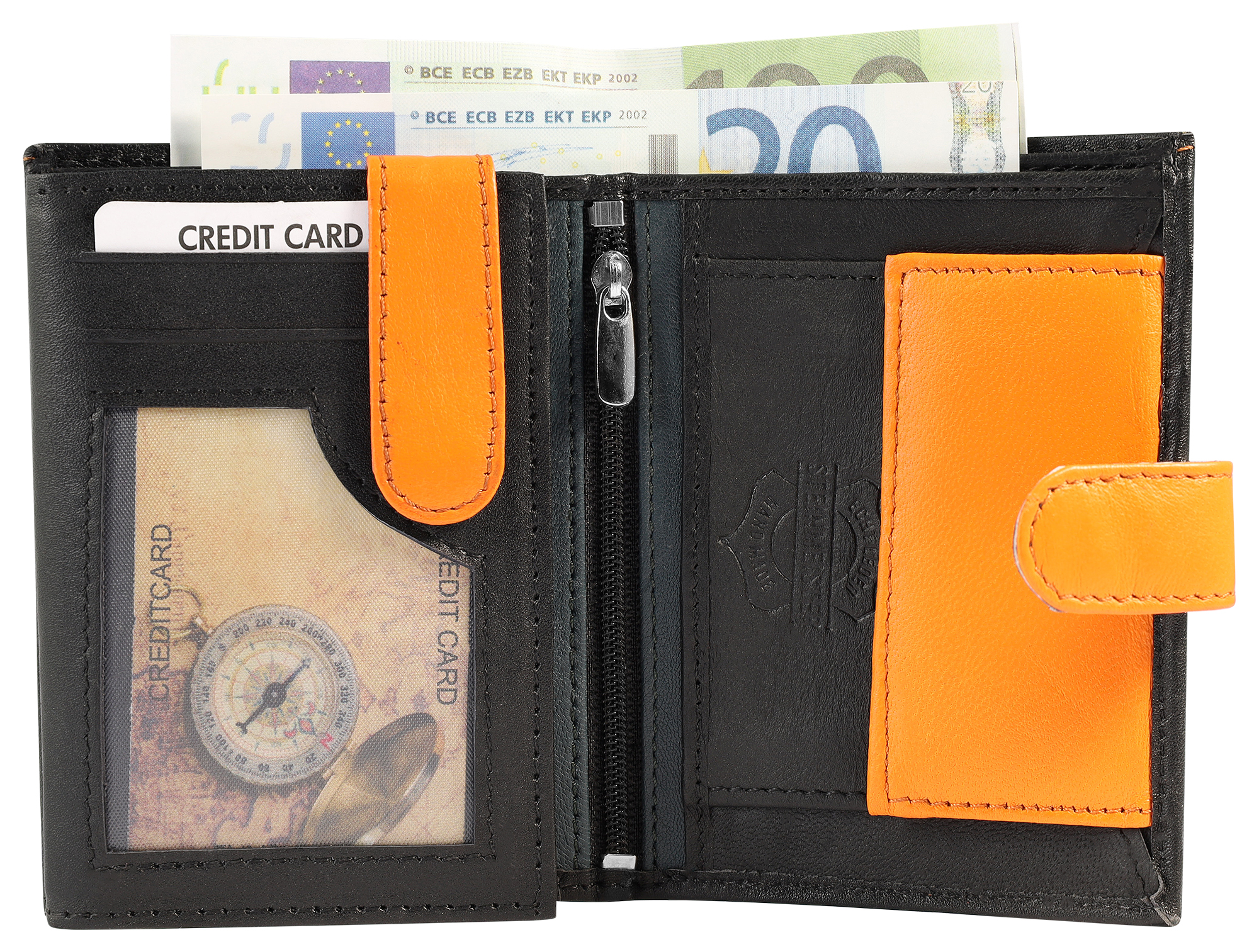 SteinMeister Herren Geldbörse aus Echtleder. Hochformat, schwarz/ orange