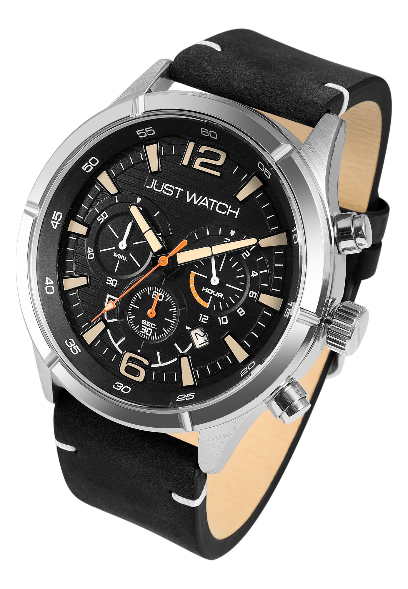 Just Watch Chronograph für Herren, Lederarmband, 5 ATM, schwarz