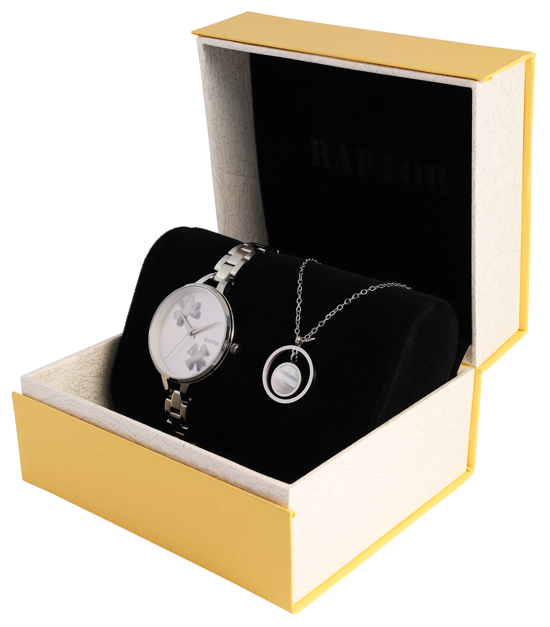 Raptor Damen Geschenkset - Damenuhr Edelstahlband mit Edelstahlkette 45 cm & Anhänger
