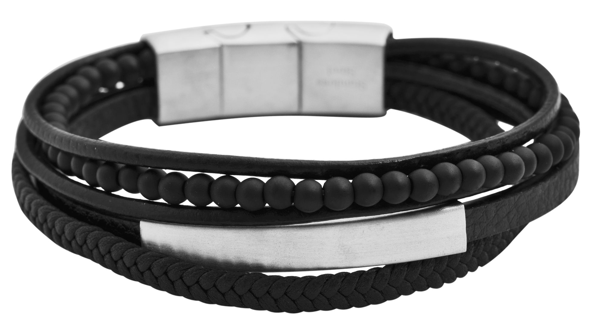 "Aegir" Lederimitat-Armband + Naturstein (Onyx), Gravurplatte, schwarz/silberfarbig, 21 cm