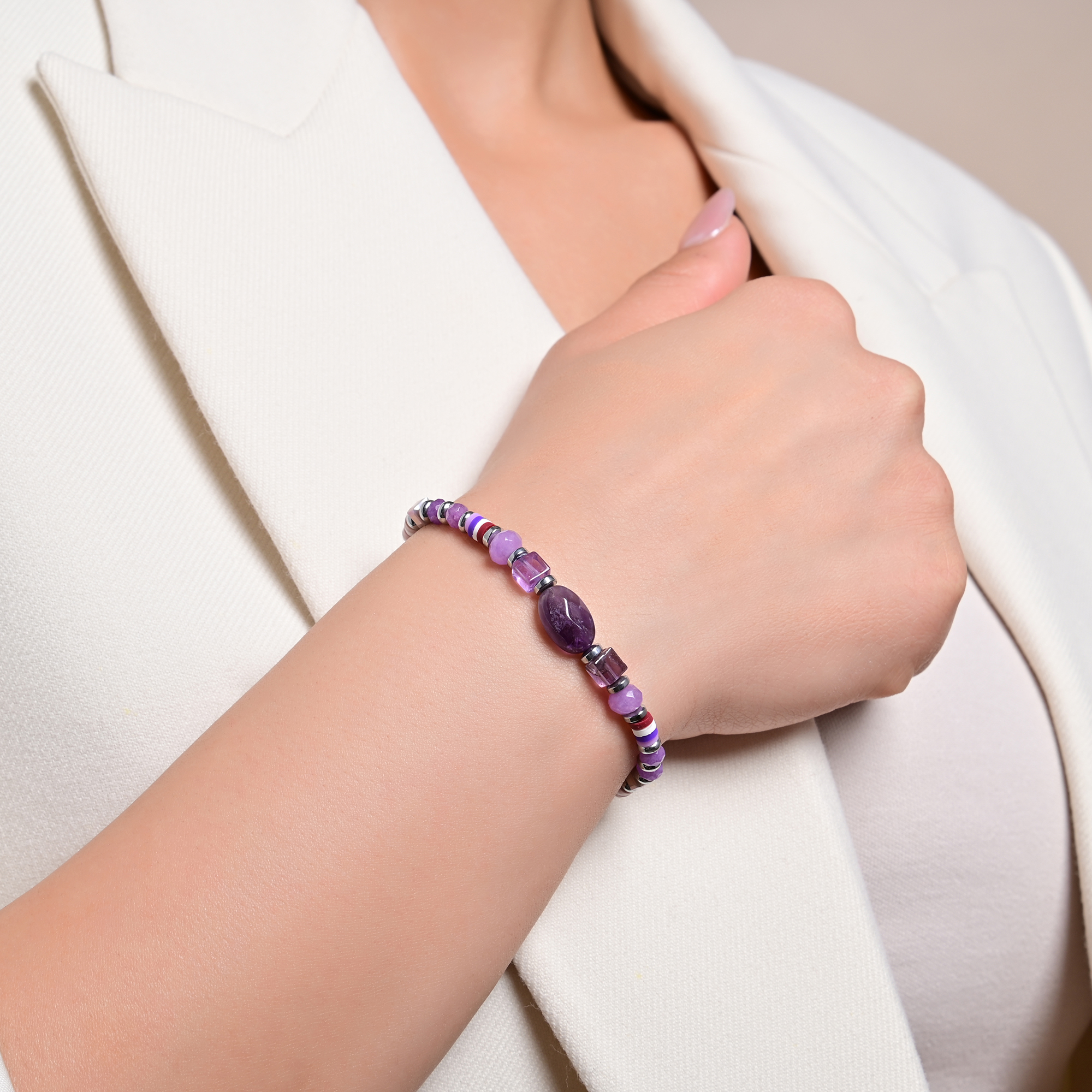 "Lowy" Akzent Edelstahlarmband mit Naturstein (Amethyst), 16,5 + 3 cm