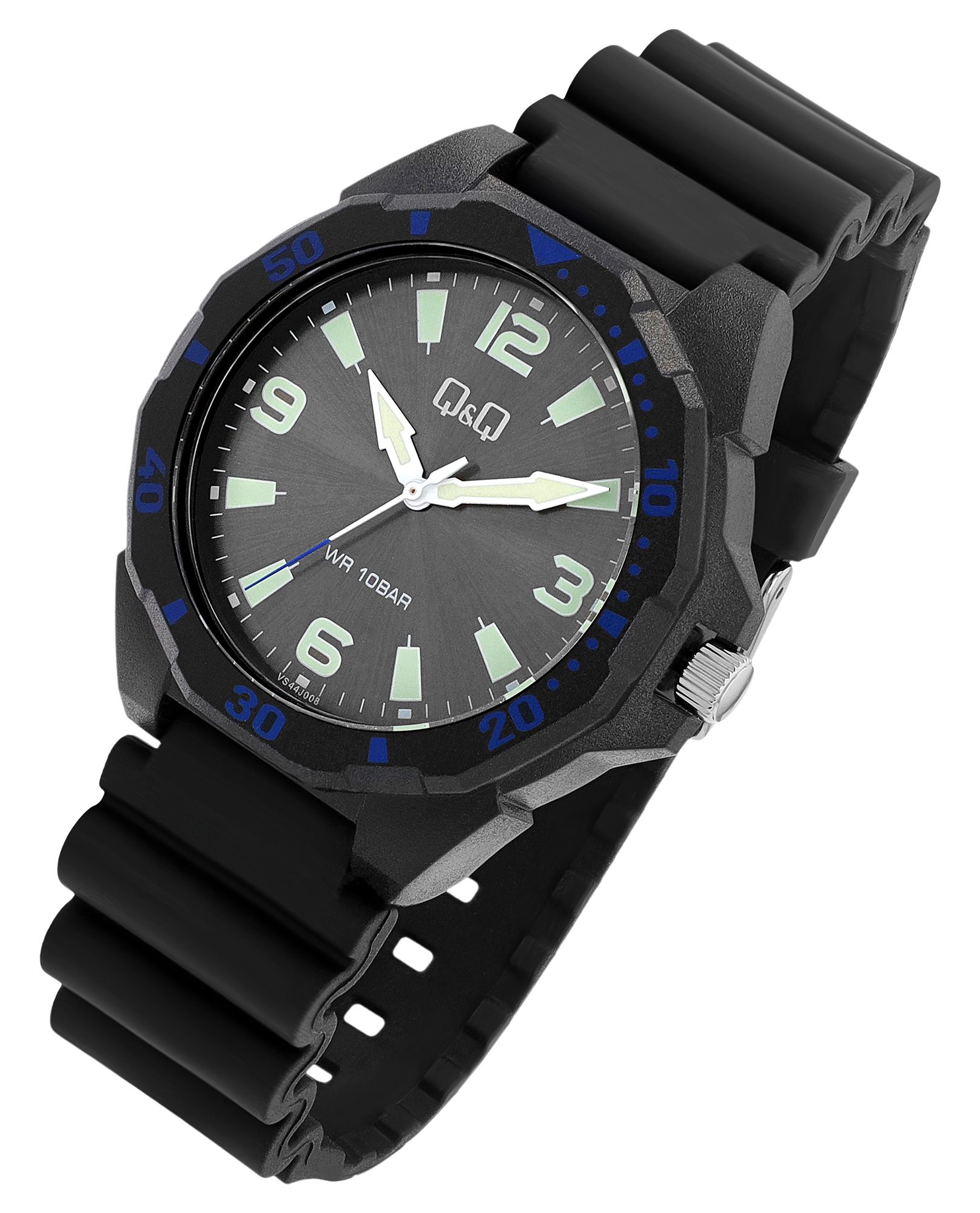 Q&Q Herrenuhr, Resinband, Ø 43 mm, schwarz/ blaue Details