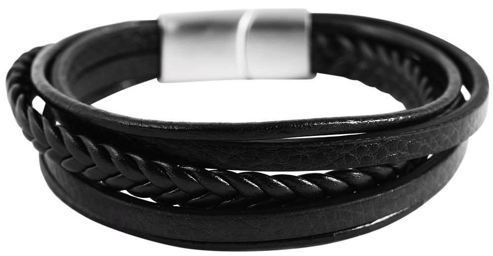"Eddie" Akzent Echtleder/Lederimitat Armband, geflochten, schwarz, silberfarben, 22 cm