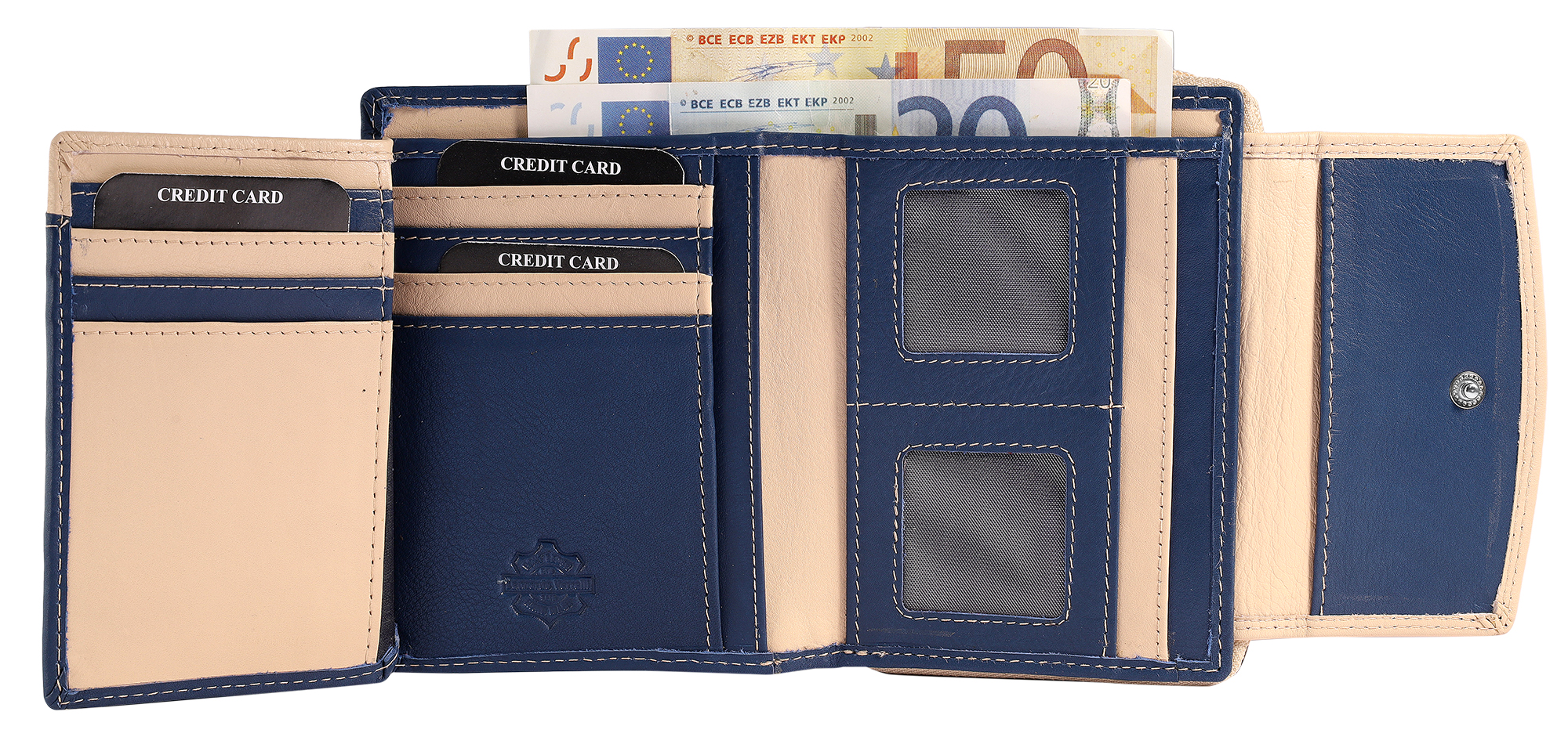 Leonardo Verrelli Echtleder (Nappa) Damen Geldbörse, RFID, Querformat, blau/ beige