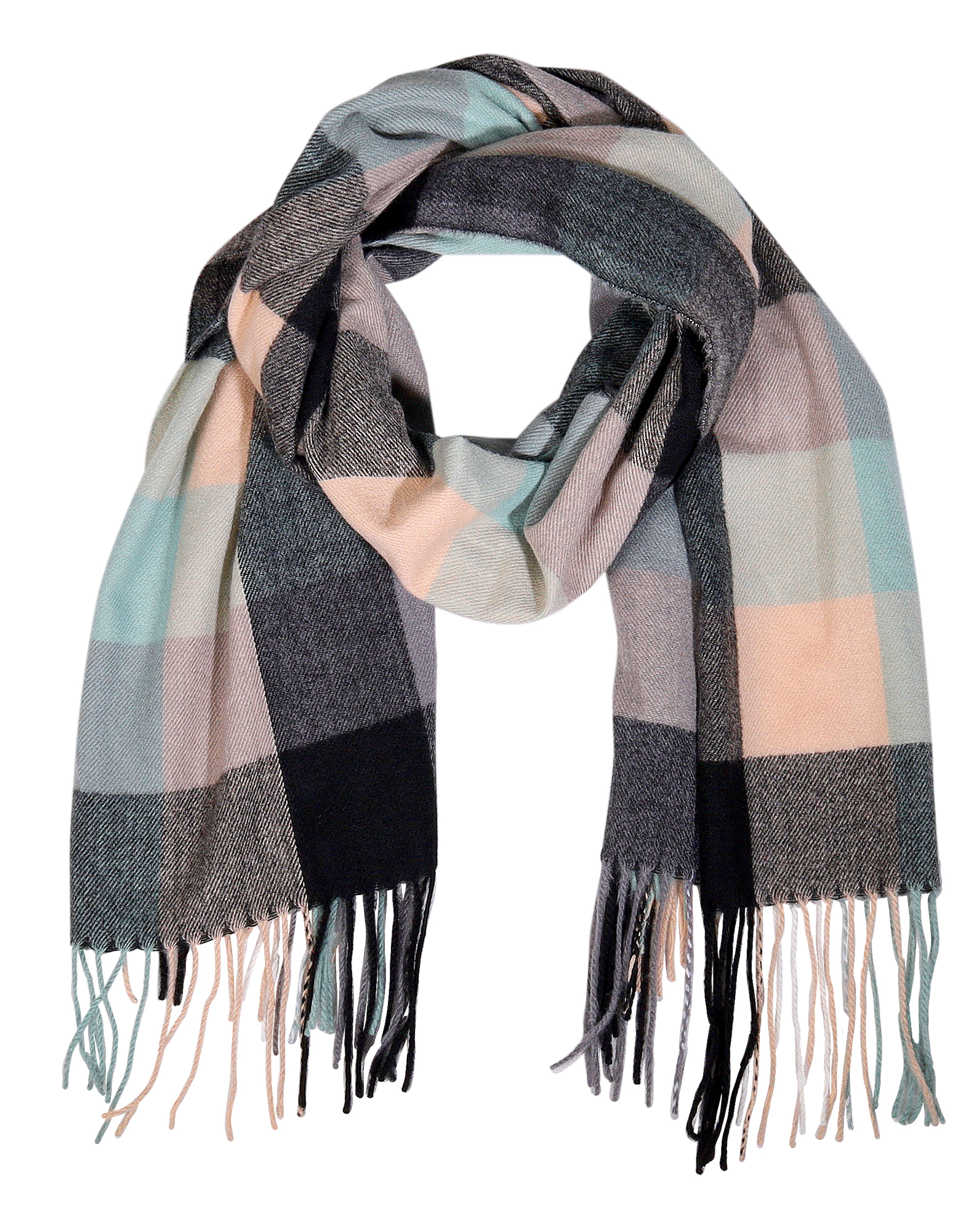 Winterschal Karo-Muster, mehrfarbig (schwarz/ beige/ mint), 100% Viskose, VE 4