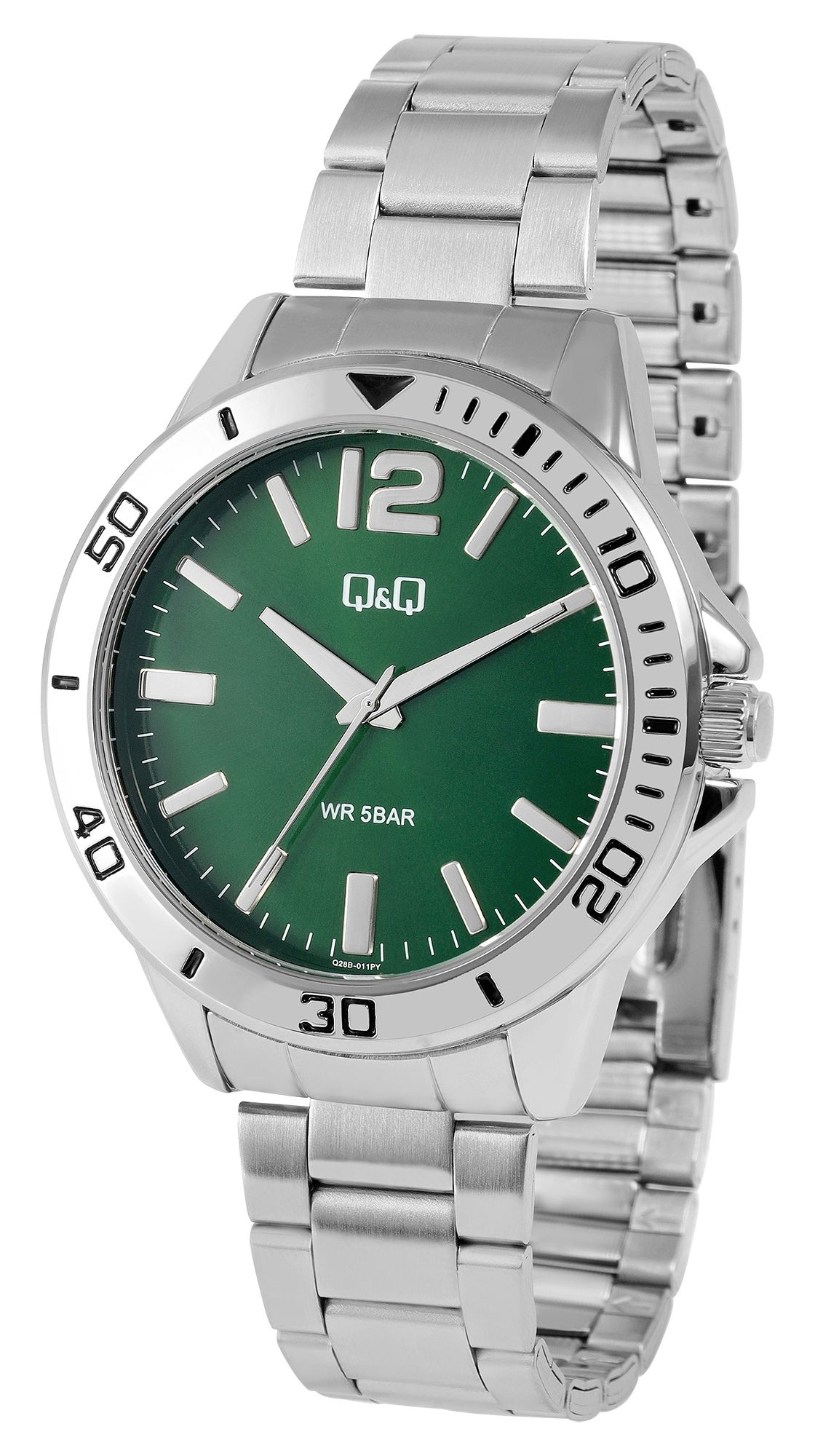Q&Q Herrenuhr, Edelstahlarmband, silberfarben/grün, 5 ATM, Ø 44 mm