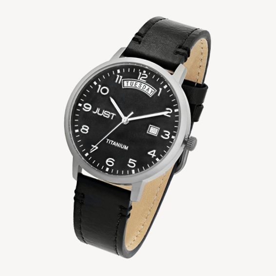 JUST  "Fanis" Titan Herrenuhr mit Echtlederarmband, 5 ATM, schwarz