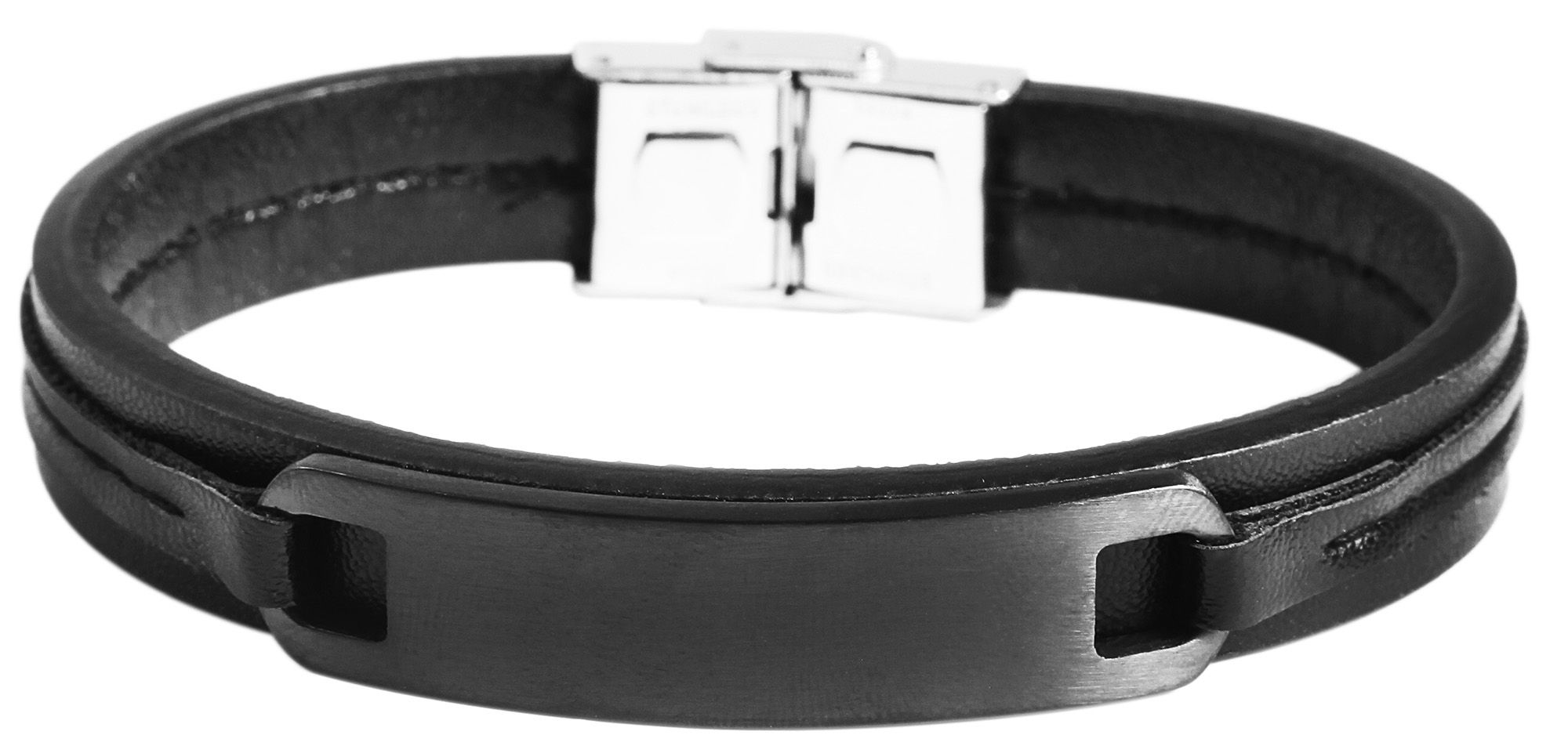 Akzent Armband aus Echtleder und Edelstahl, schwarz/schwarz