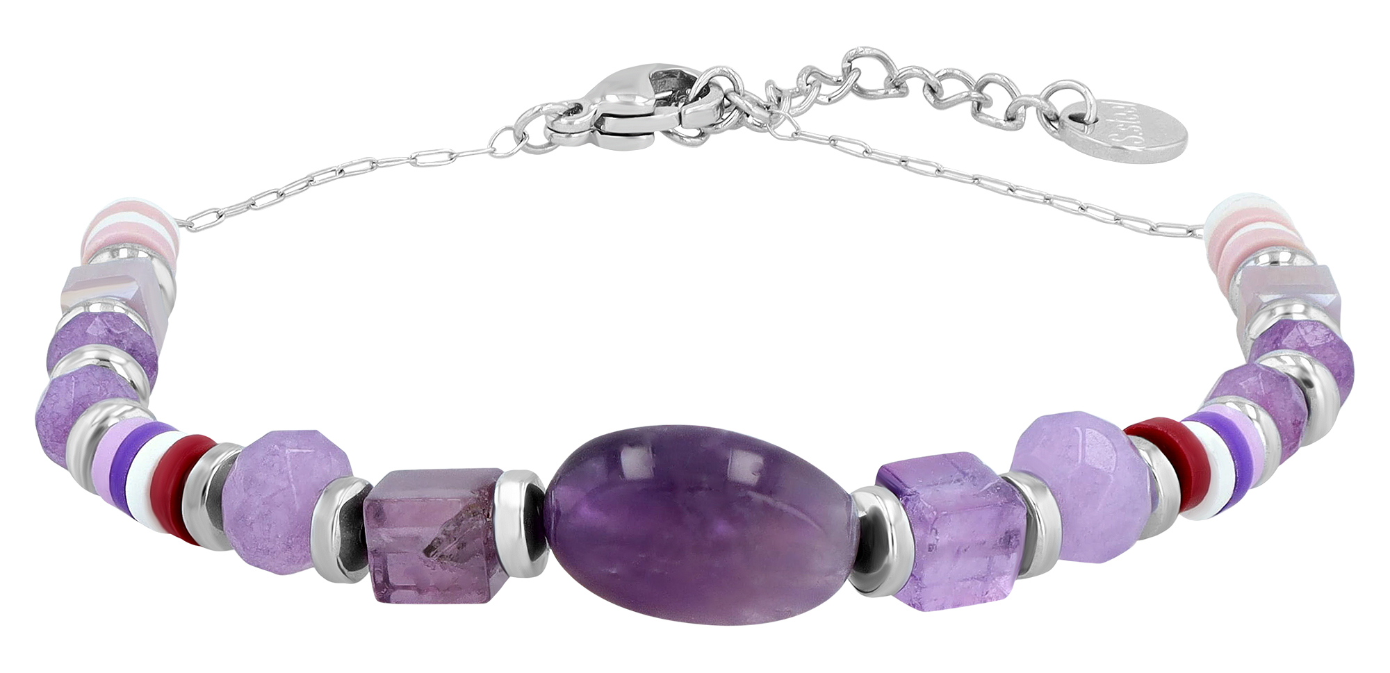 "Lowy" Akzent Edelstahlarmband mit Naturstein (Amethyst), 16,5 + 3 cm