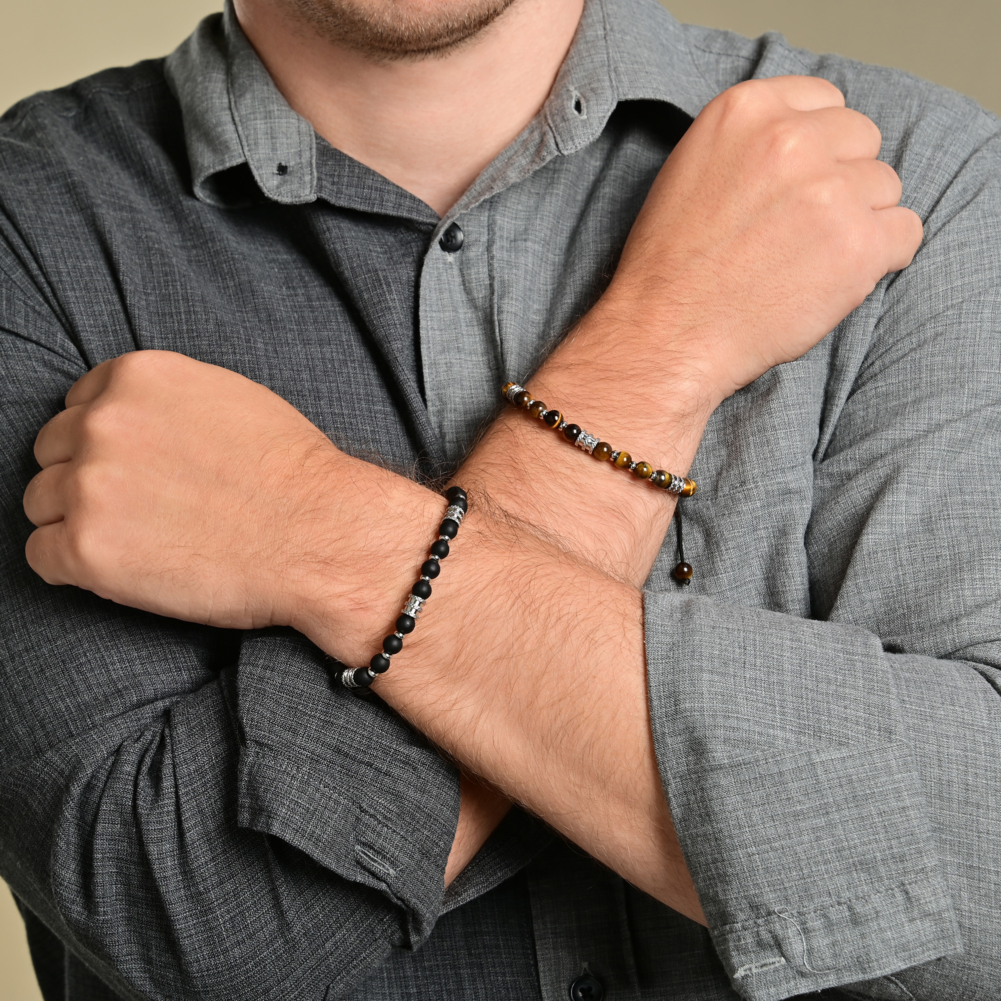 "Svend" - Kugelarmband mit Natursteinen "brauner Tigerauge" und Edelstahlelementen