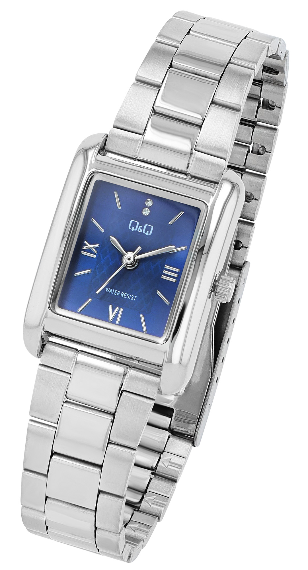 Q&Q Damenuhr (rechteckiges Gehäuse 30 × 22 mm), Edelstahlband, silberfarben/ blau