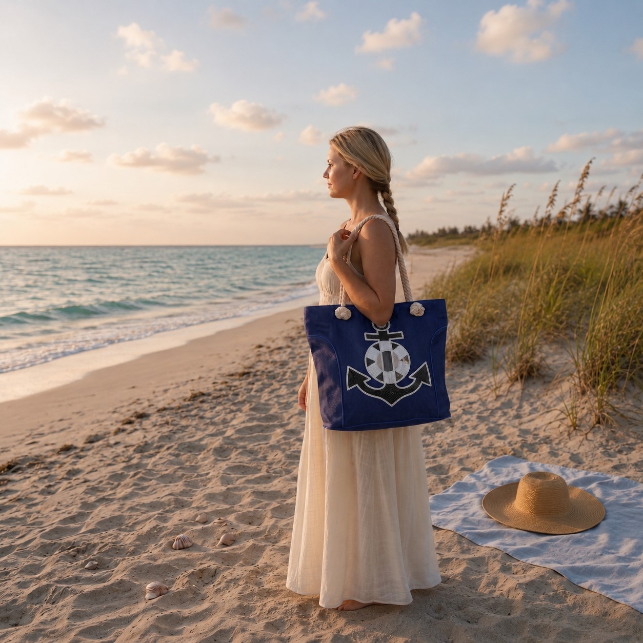 Strandtasche aus Nylon, Ankermotiv aus Pailletten, blau