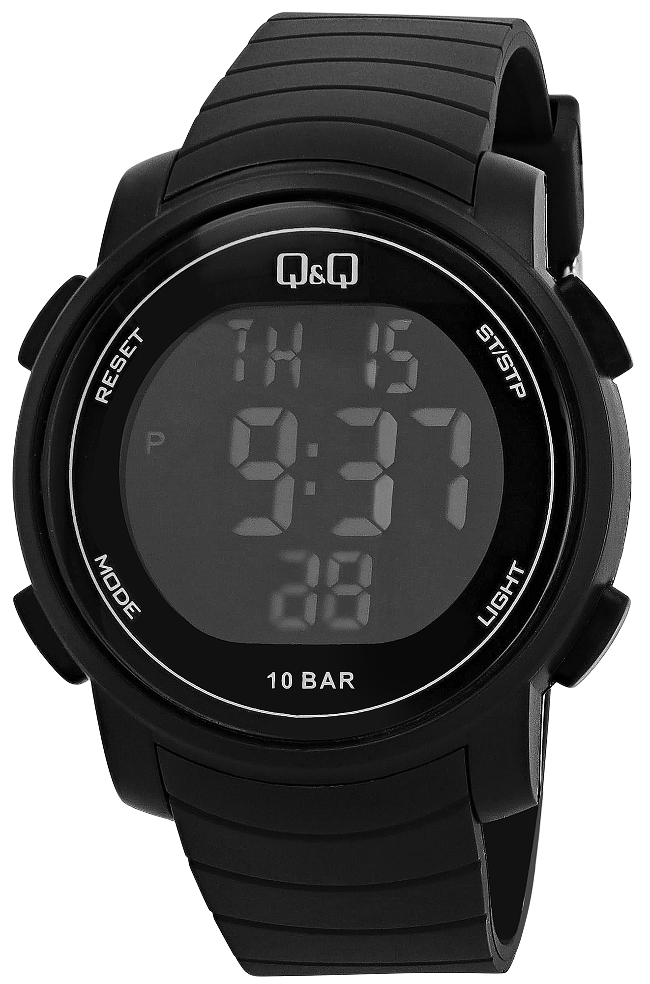Q&Q Herren Digitaluhr, Kunststoff, Silikonband, schwarz, 10 ATM, Ø 44 mm