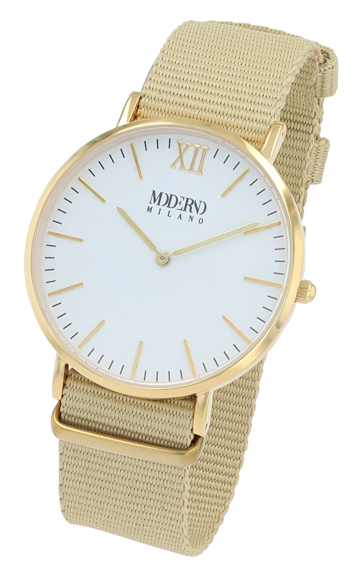 Moderno Milano Edelstahl Herrenuhr 41 mm, Saphirglas & Nylon-NATO-Band (beige), goldfarben