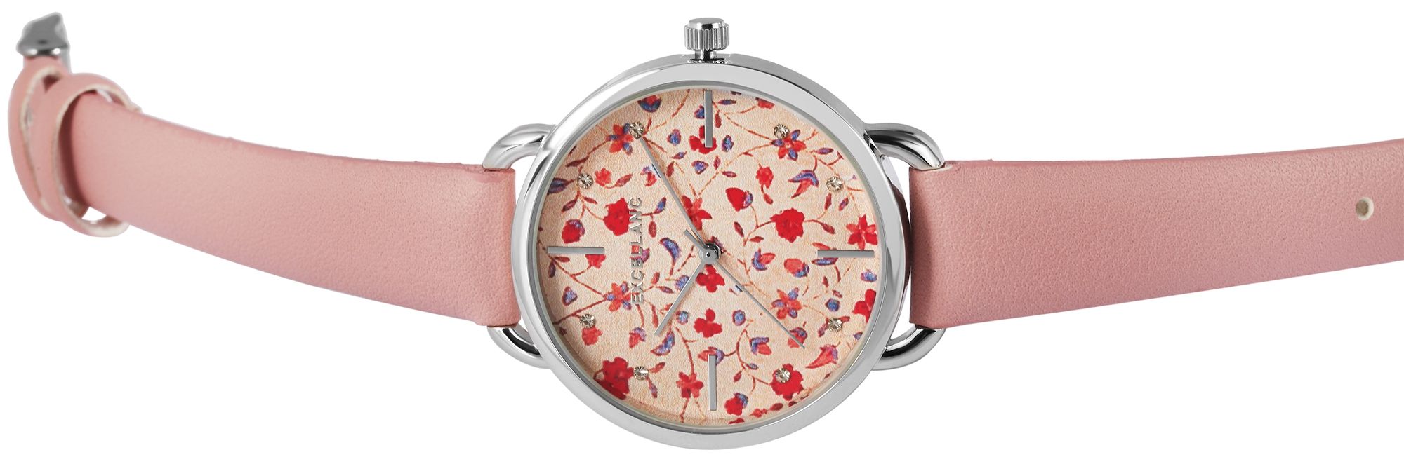 Excellanc Damenuhr mit Lederimitationsarmband, floral, rosa