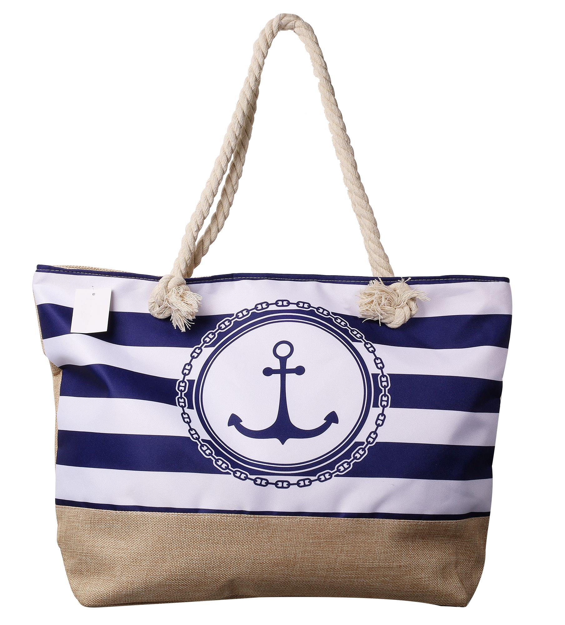 Strandtasche mit maritimen Motiven, blau/weiß gestreift