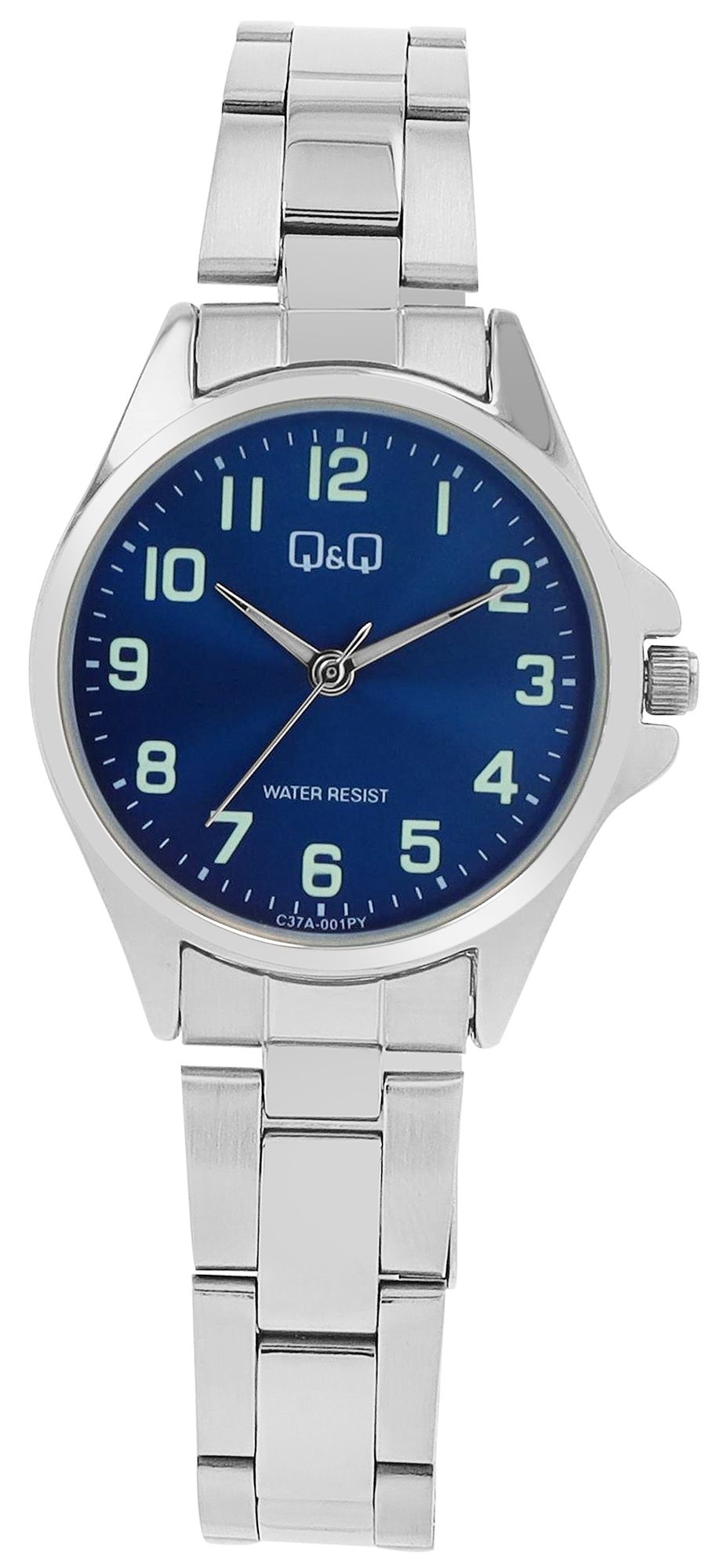 Q&Q Damenuhr mit Edelstahlarmband, arabische Ziffern, silberfarben/ZB blau