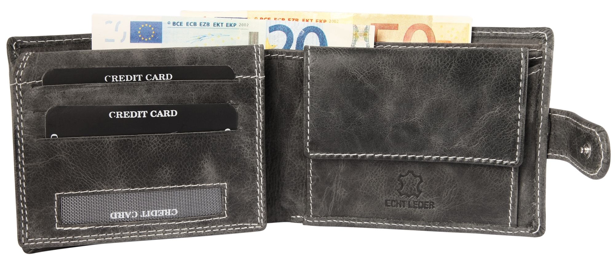 Leonardo Verrelli, Echtleder (Distressed Hunter) Damen Geldbörse, RFID, Querformat, schwarz