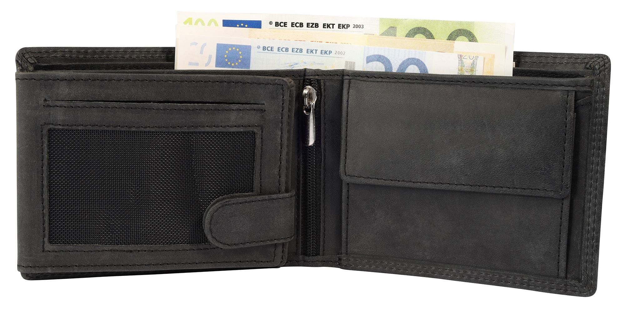 Akzent Echt Leder (Hunter-Leder) Geldbörse, RFID, Querformat, "Fischer/ Angler", schwarz