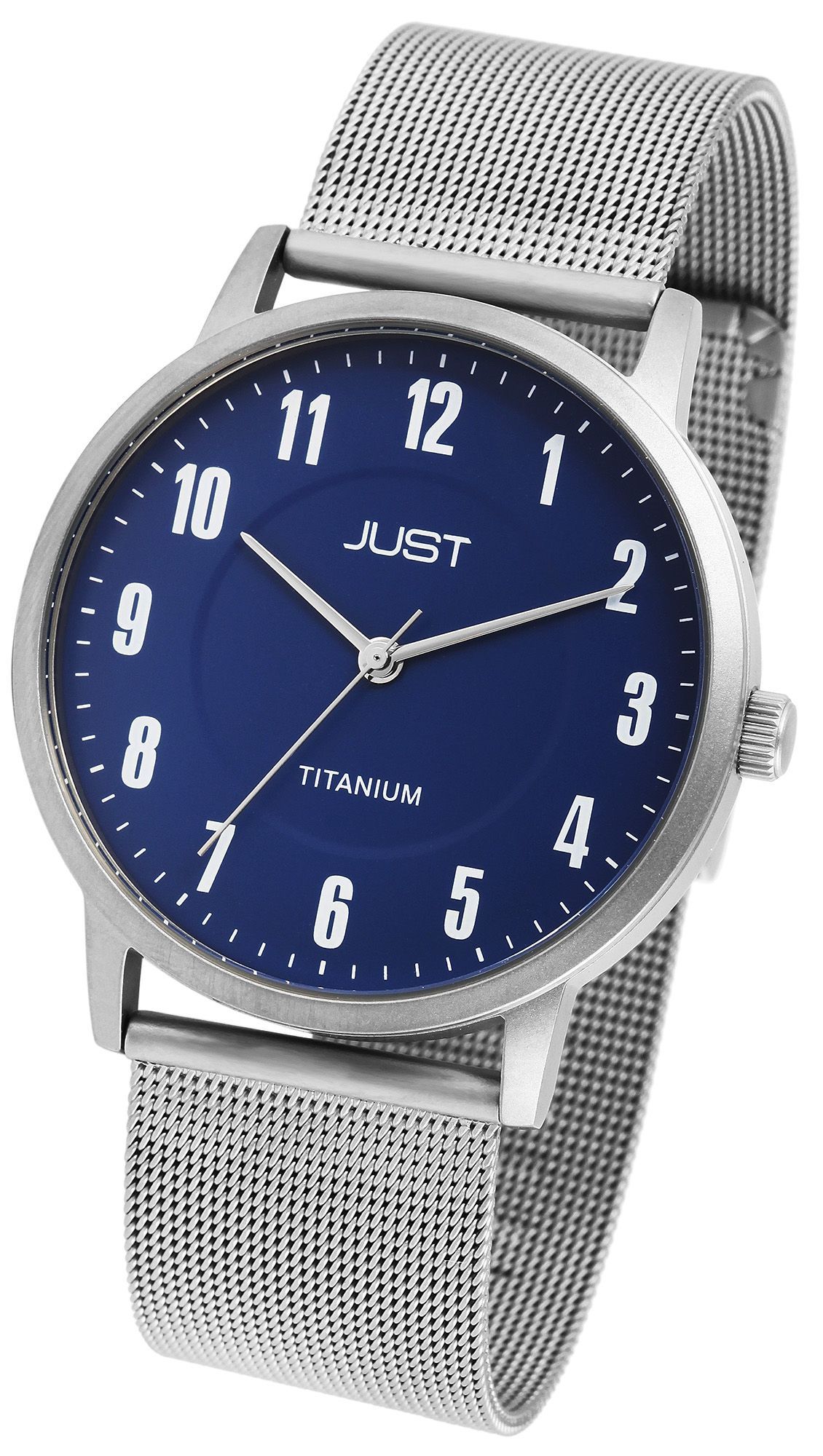 Just Titan Herrenuhr mit Edelstahl-Milanaisearmband, 5 ATM, blaues ZB