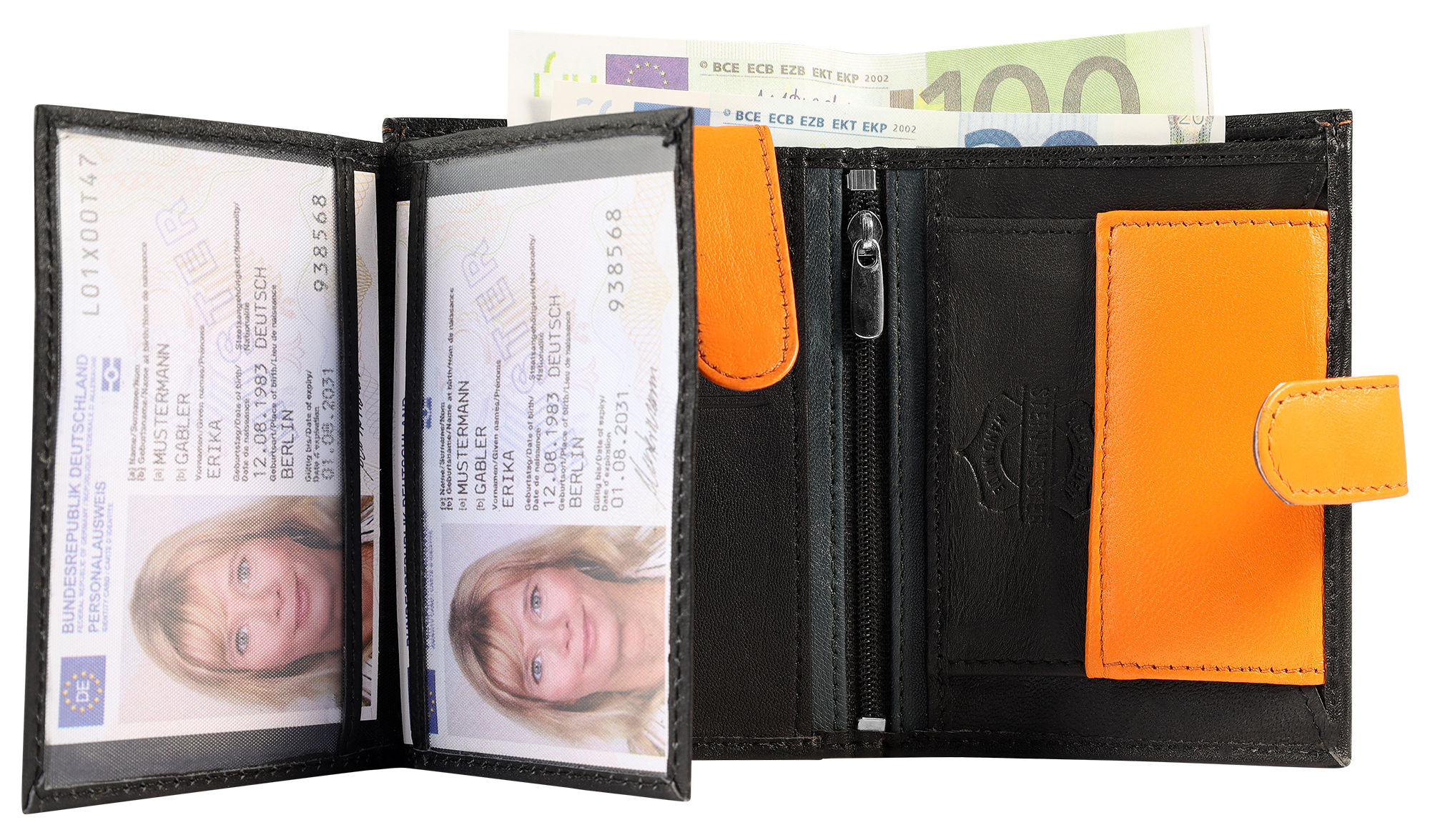 SteinMeister Herren Geldbörse aus Echtleder. Hochformat, schwarz/ orange