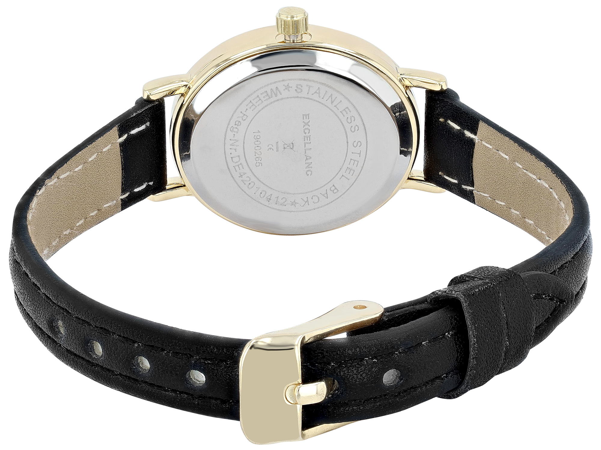 Excellanc ovale Damenuhr, Lederimitatband, schwarz/ goldfarben/ weiß