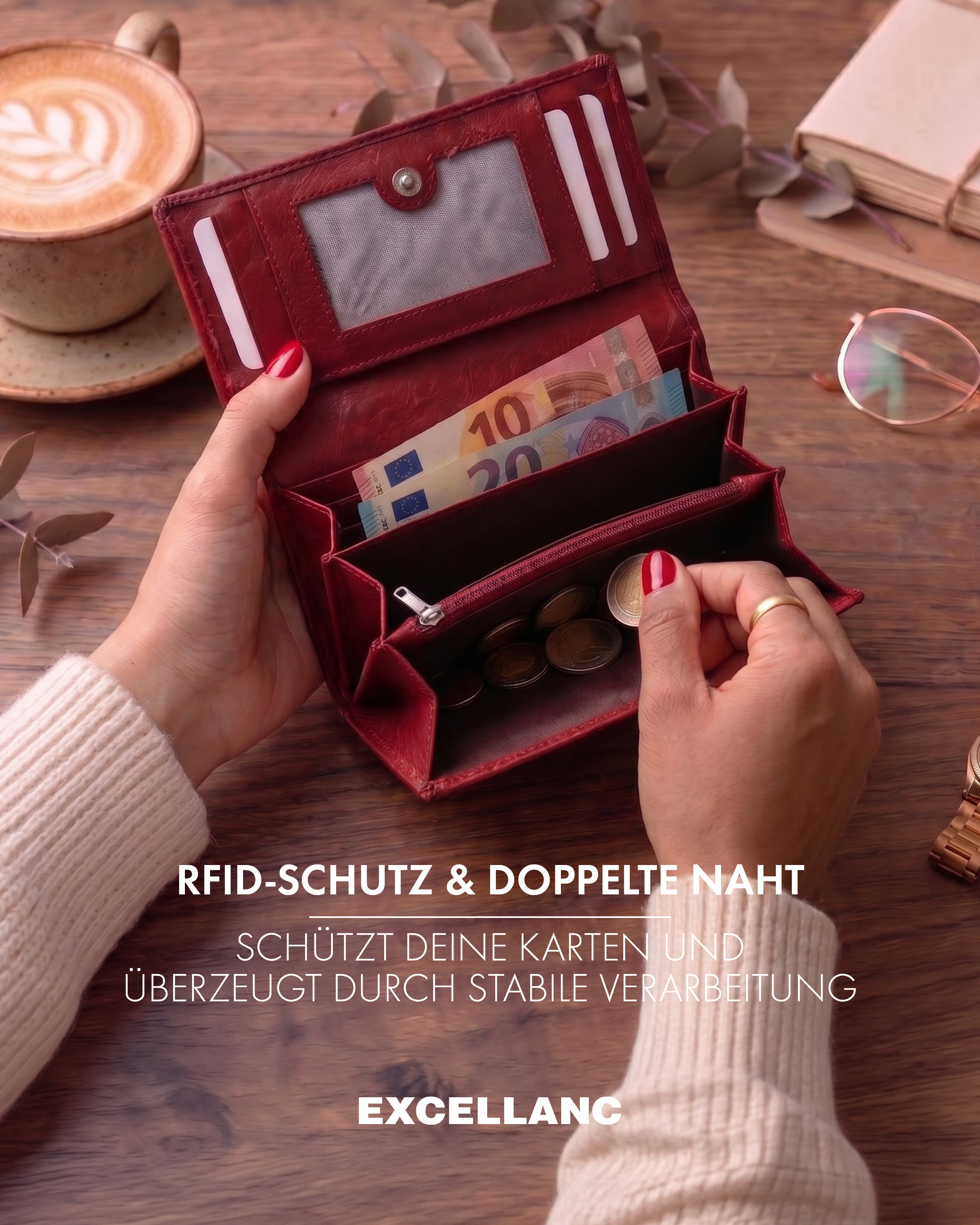 Excellanc Damen Geldbörse, Echtleder (Nappa), RFID, Querformat, rot