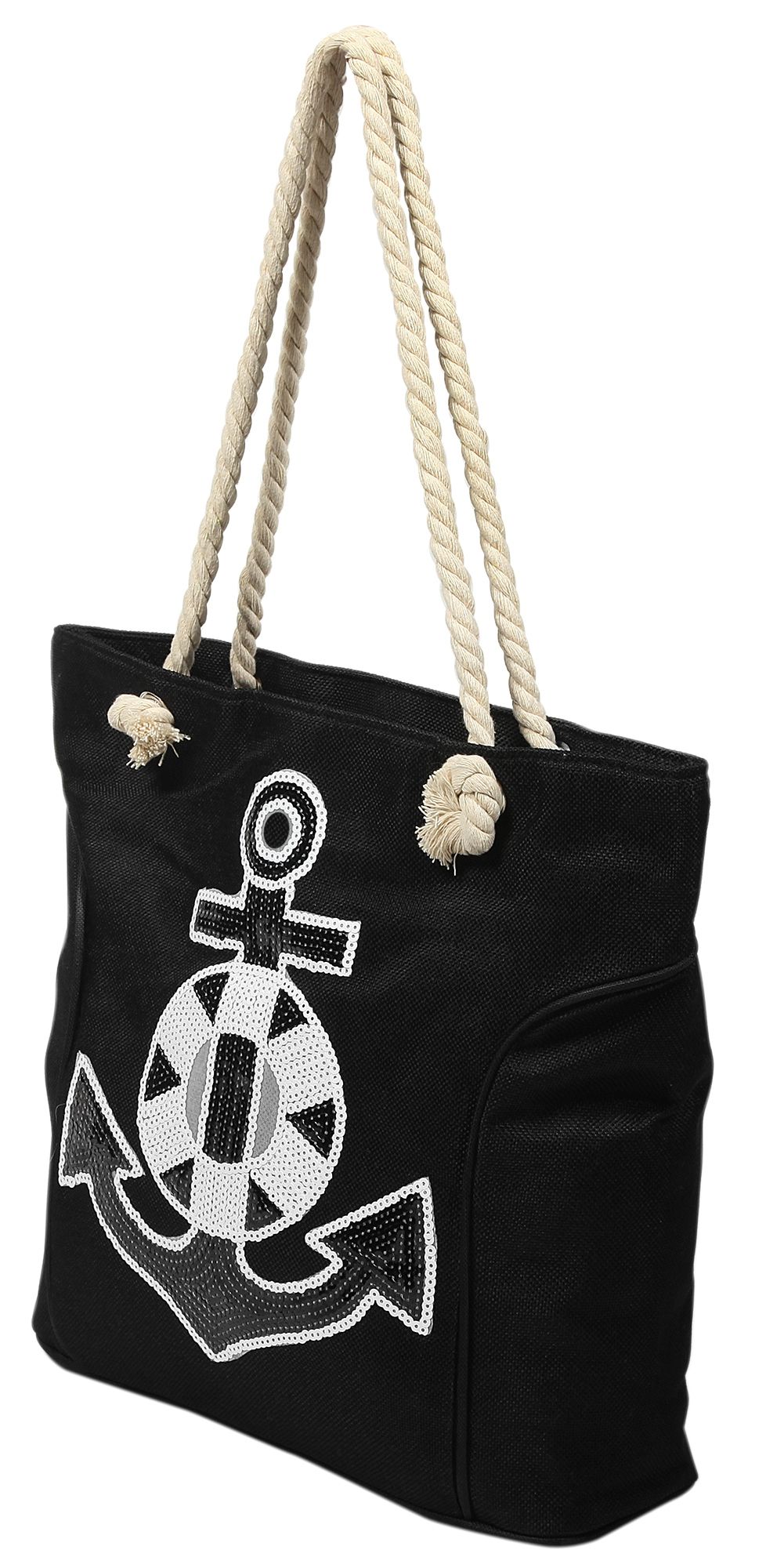 Strandtasche aus Nylon, Ankermotiv aus Pailletten, schwarz