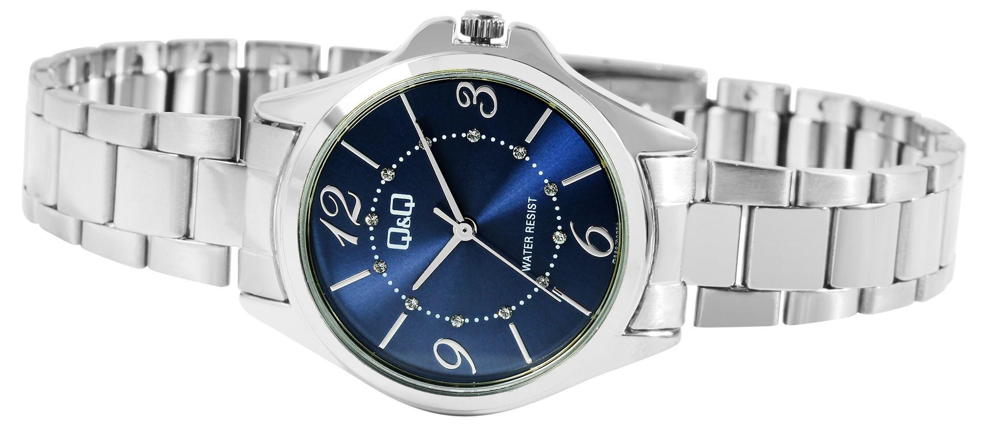 Q&Q Damenuhr mit Edelstahlarmband, 3 Bar, silberfarben/blau