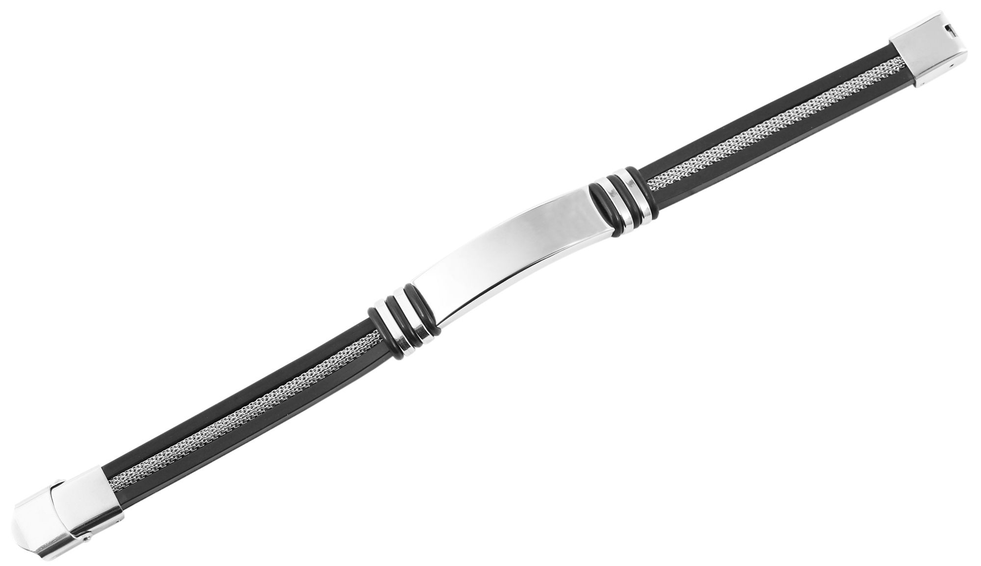 Akzent Armband aus Silikon und Edelstahl in Schwarz, Schlangenketteneinsatz