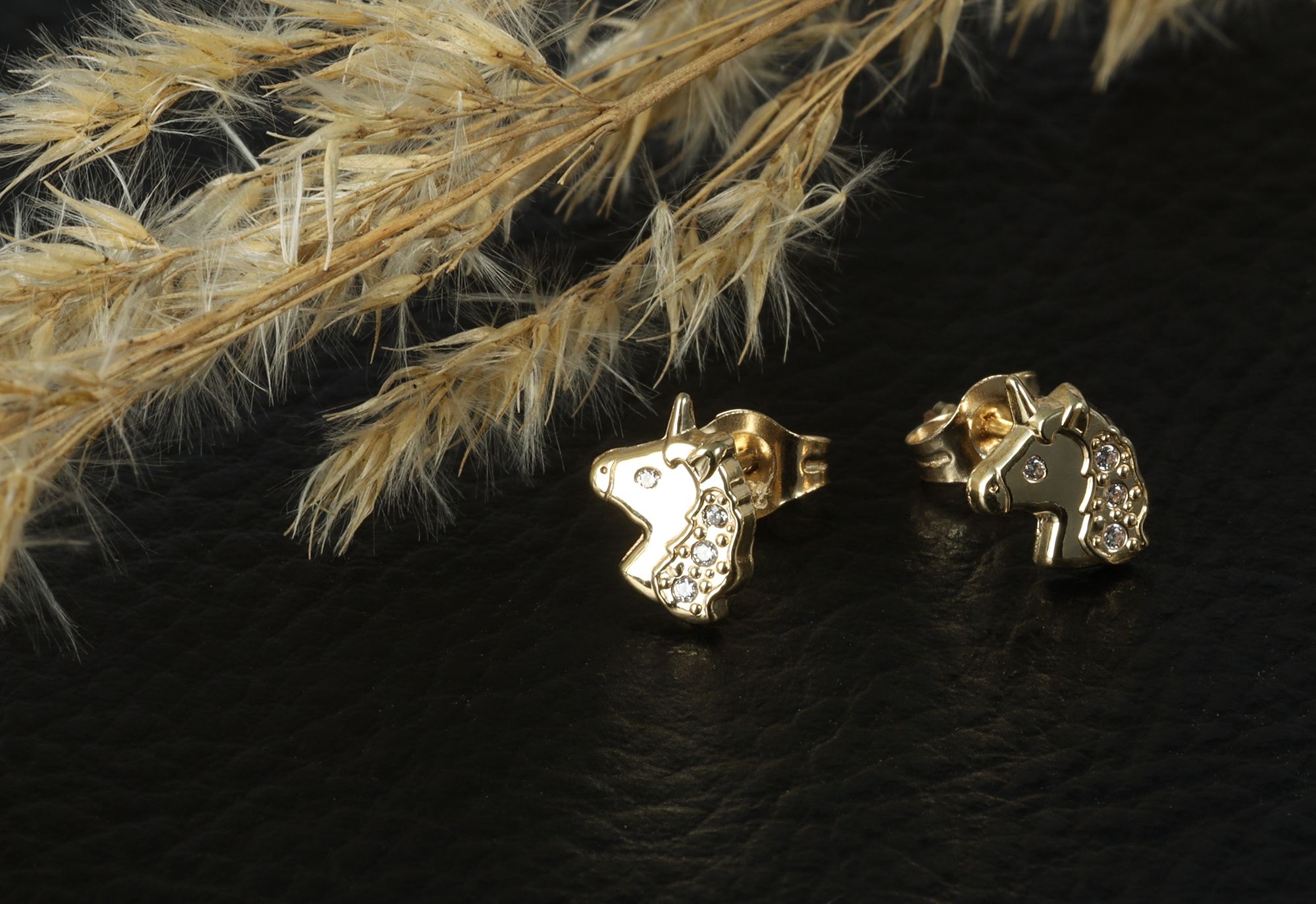 333/- Gold "Kalia" Ohrstecker, Einhorn mit Zirkonia, Gelbgold, 8 Karat, Kinder
