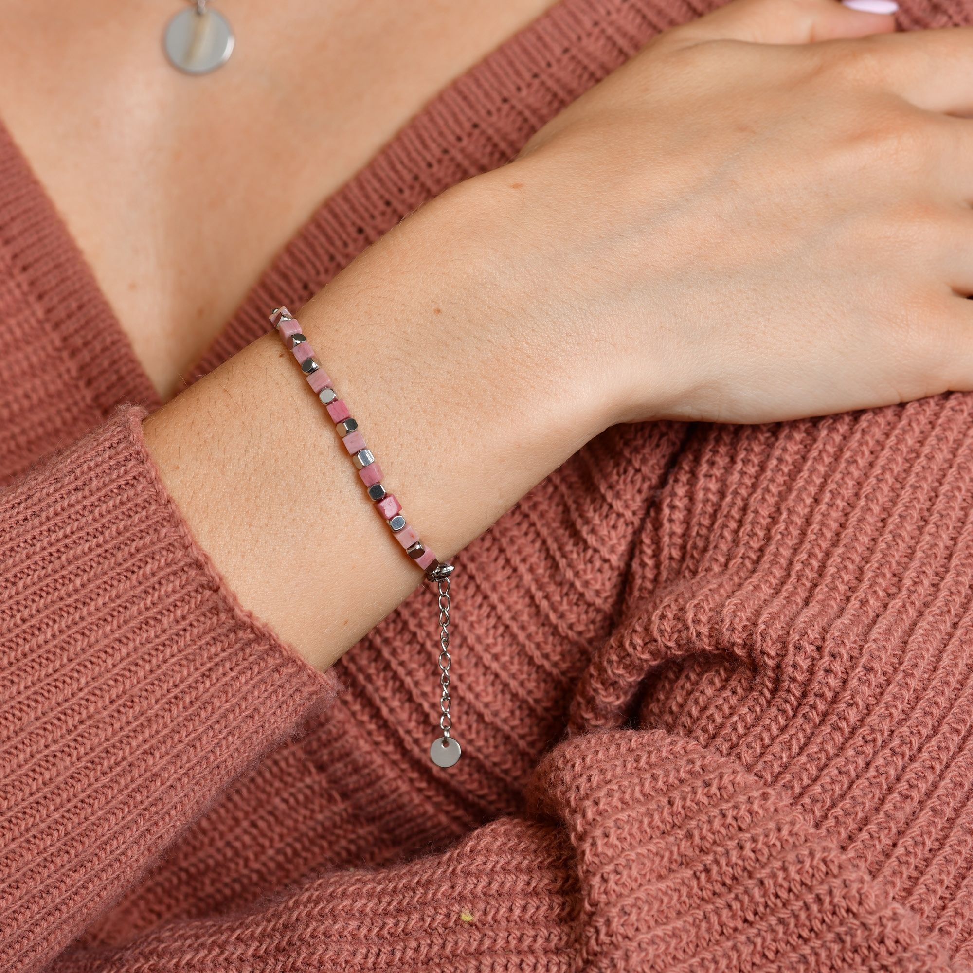 "Trix" Akzent Armband aus Edelstahl &  roter Aventurin, 17 + 3 cm, silberfarben
