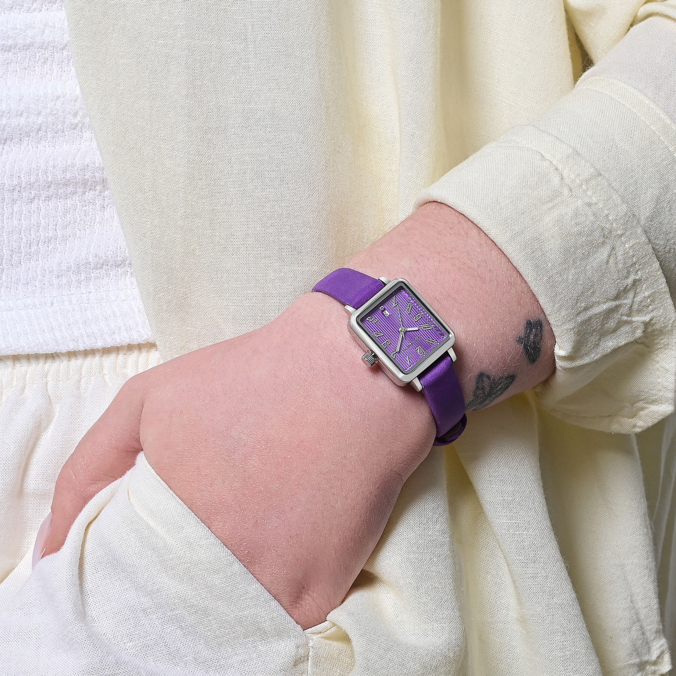 JUST WATCH Damenuhr "Aveline" mit Echtlederband, eckiges Design, lila/ silberfarben