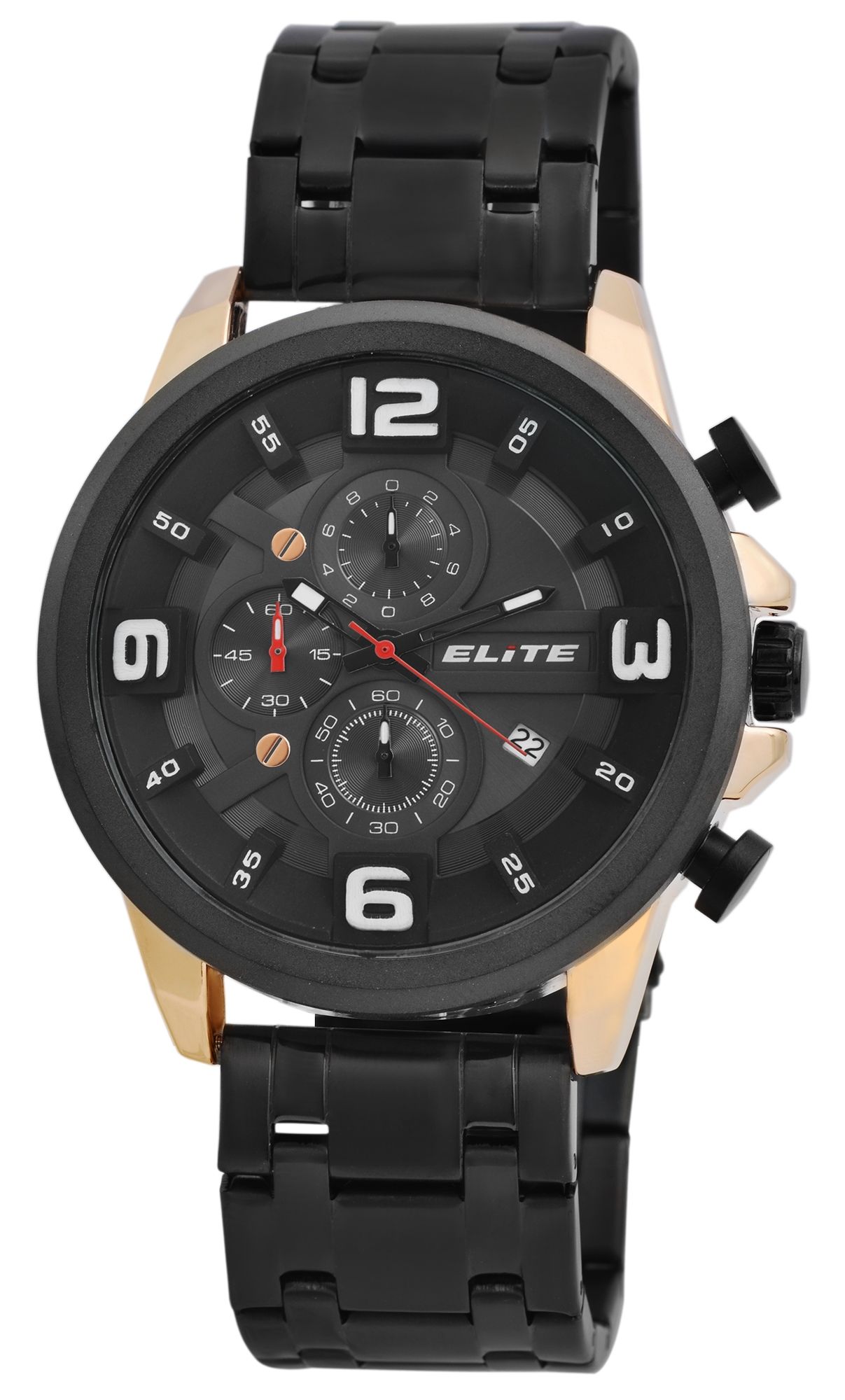 Elite Herren Chronograph mit Metallband, 3ATM, Schwarz/ goldfarbig