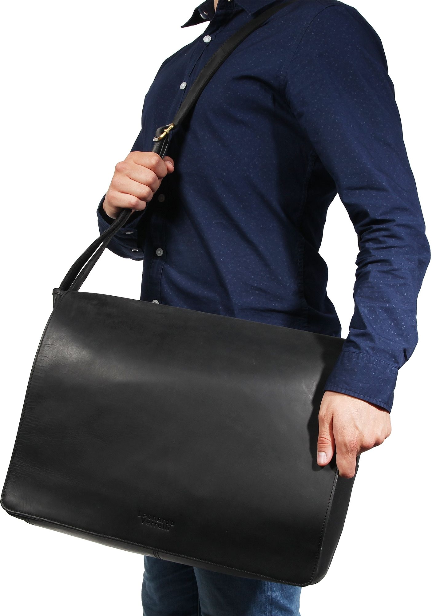 Leonardo Verrelli Echt Leder Laptoptasche Lehrertasche, Schwarz