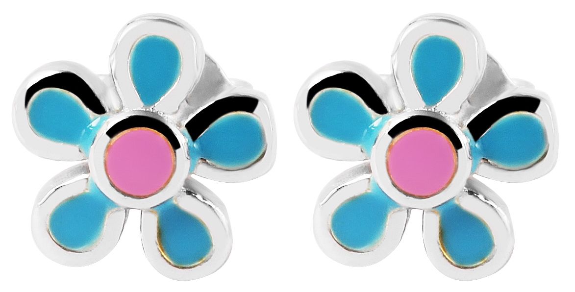 "Flora" 925/- Echt Silber Ohrstecker farbenfrohen Blumen blau/ rosa, silberfarben rhodiniert