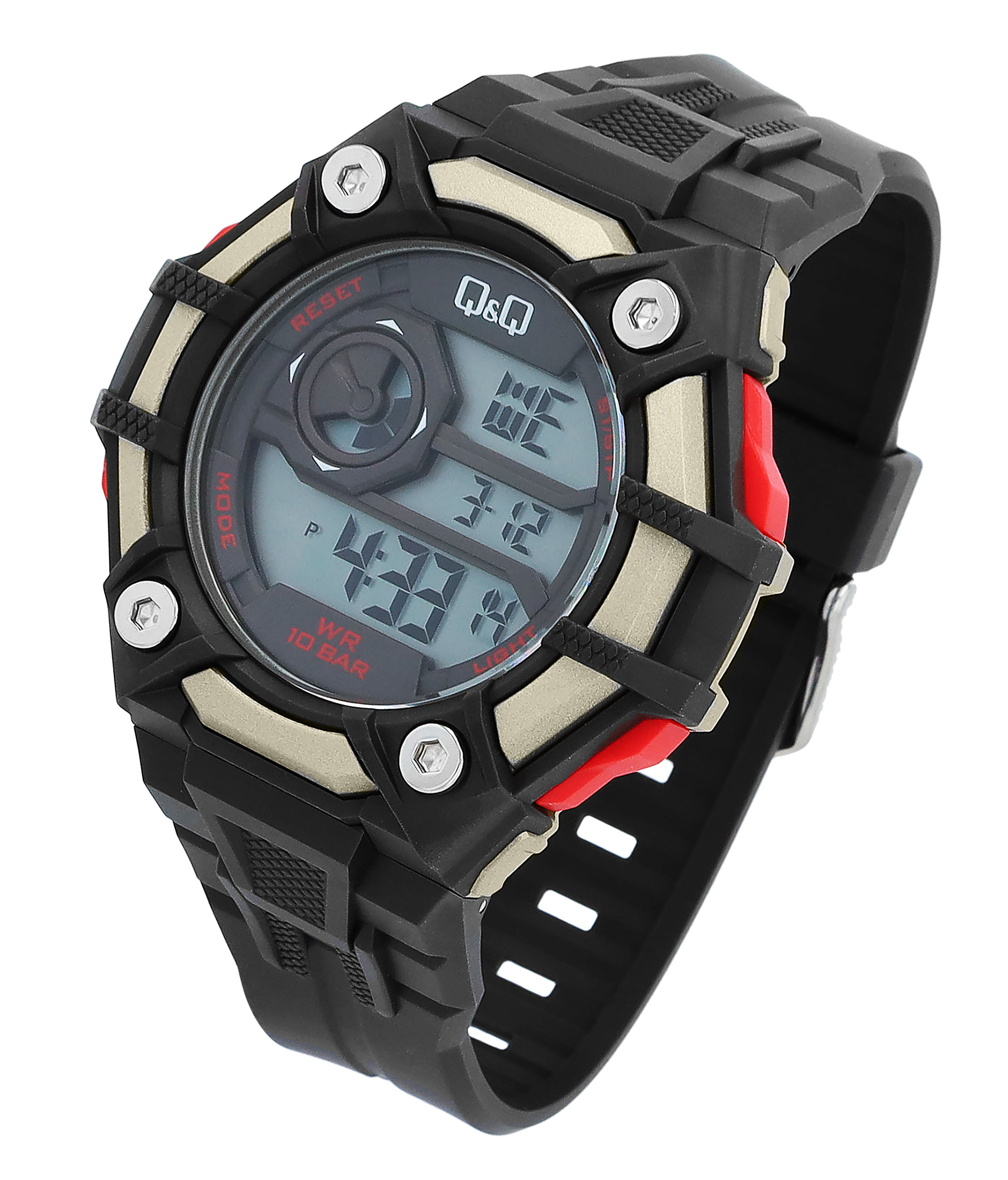 Q&Q Herren Digitaluhr, Silikonarmband, multifunktion, braun/goldfarben/rot