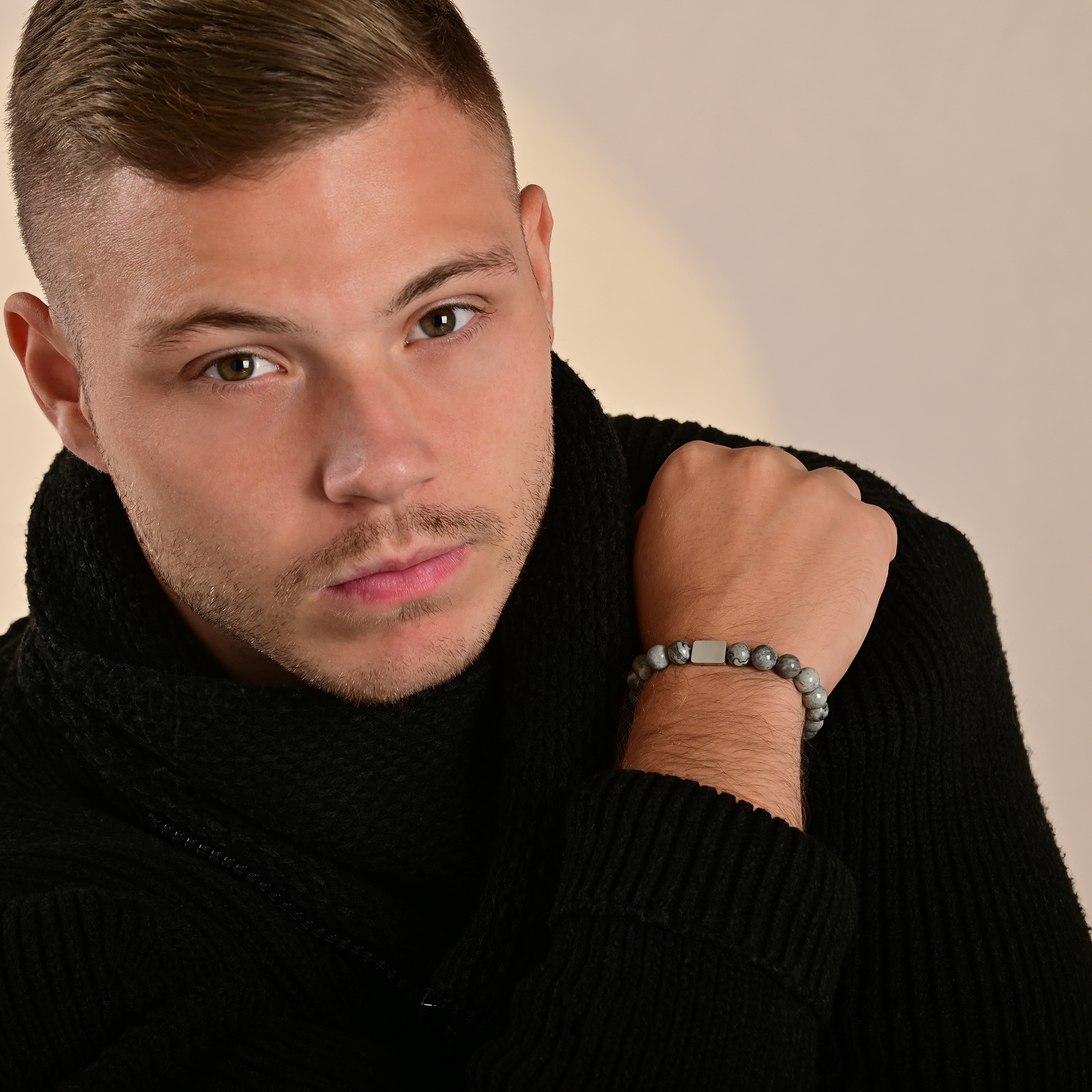 "Bodhi" Akzent Kugelarmband, Naturstein (Jasper), personalisierbar, silberfarben