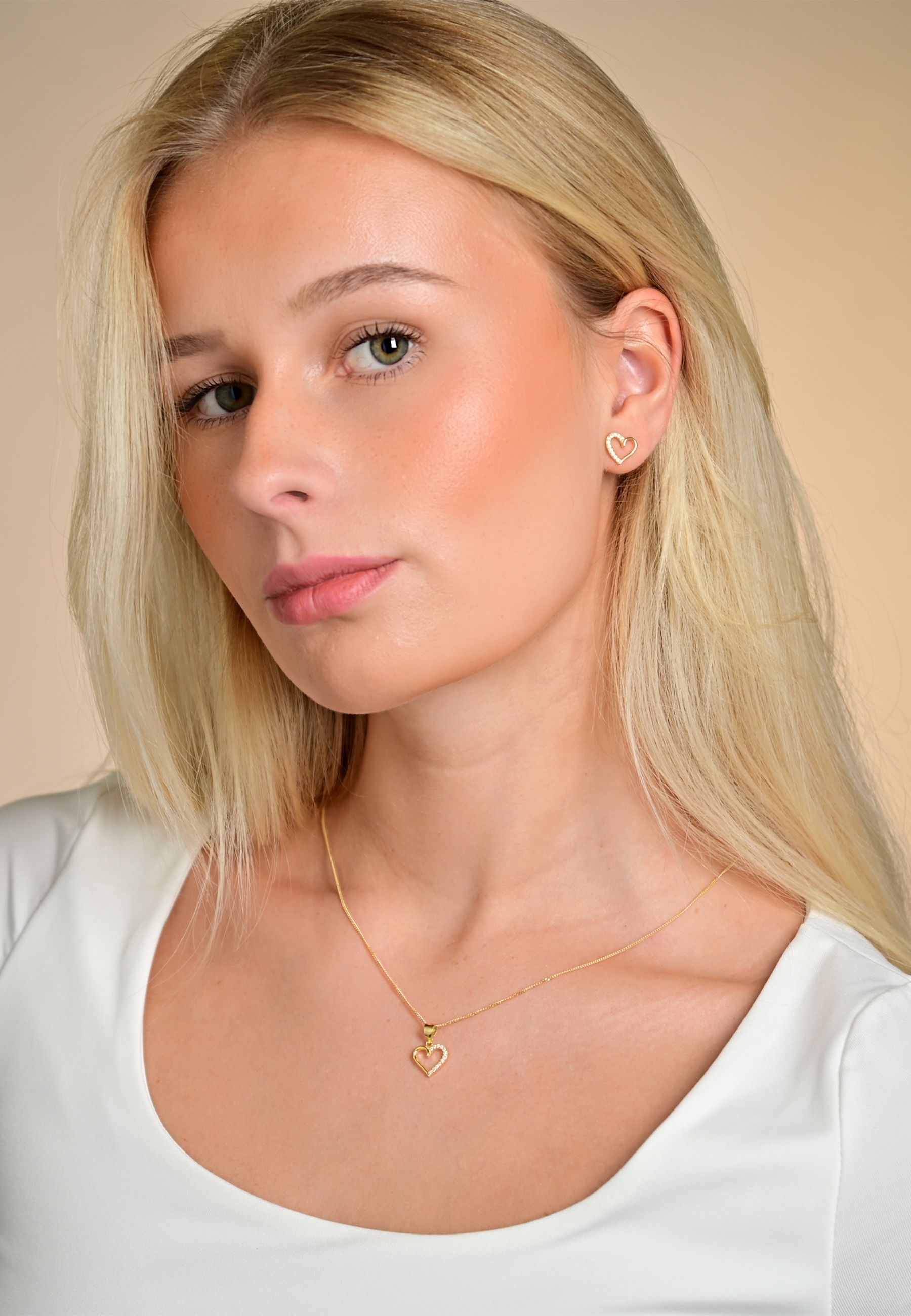 925/- Echt Silber Schmuckset "Heleen" mit Ohrsteckern und Anhänger, Herzen, Zirkoniabesatz, 925/rhodiniert