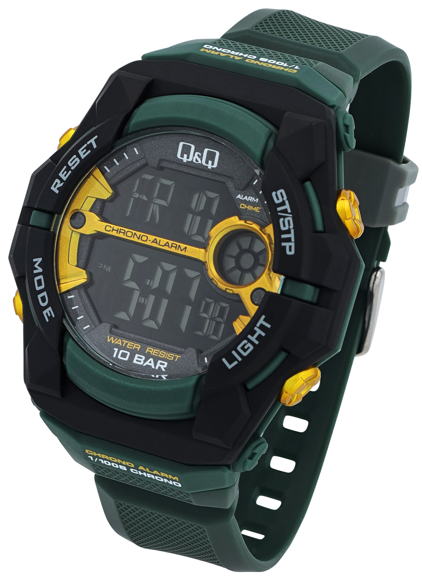 Q&Q Digitaluhr für Herren Ø 50 mm, Resinband, dunkelgrün (gelbe Details)