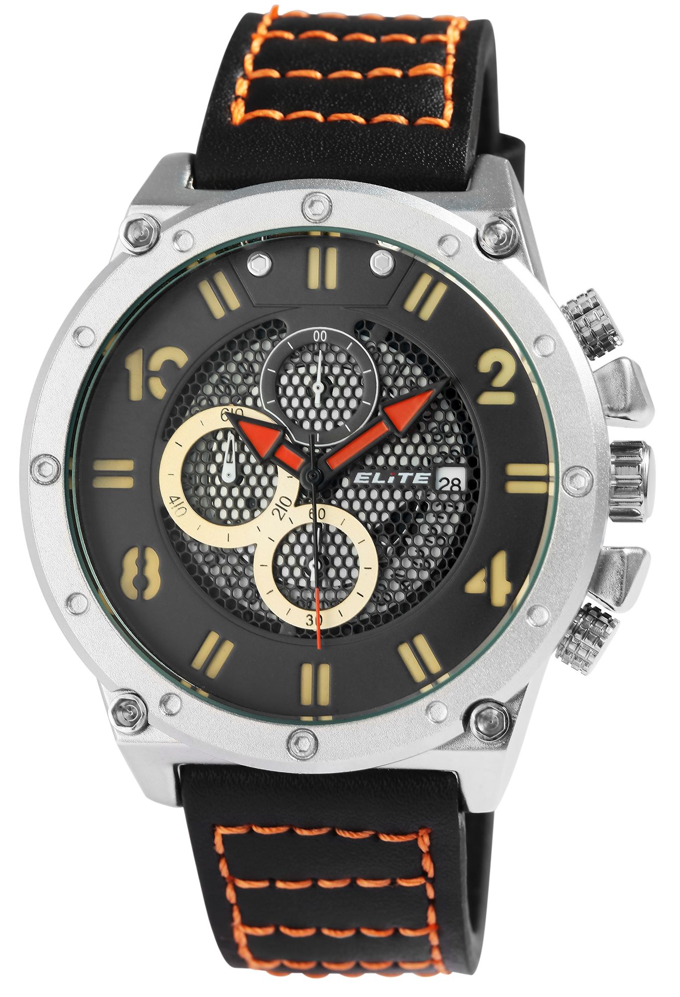 ELITE Herrenchronograph mit Echtlederarmband, schwarz/silberfarben/orange