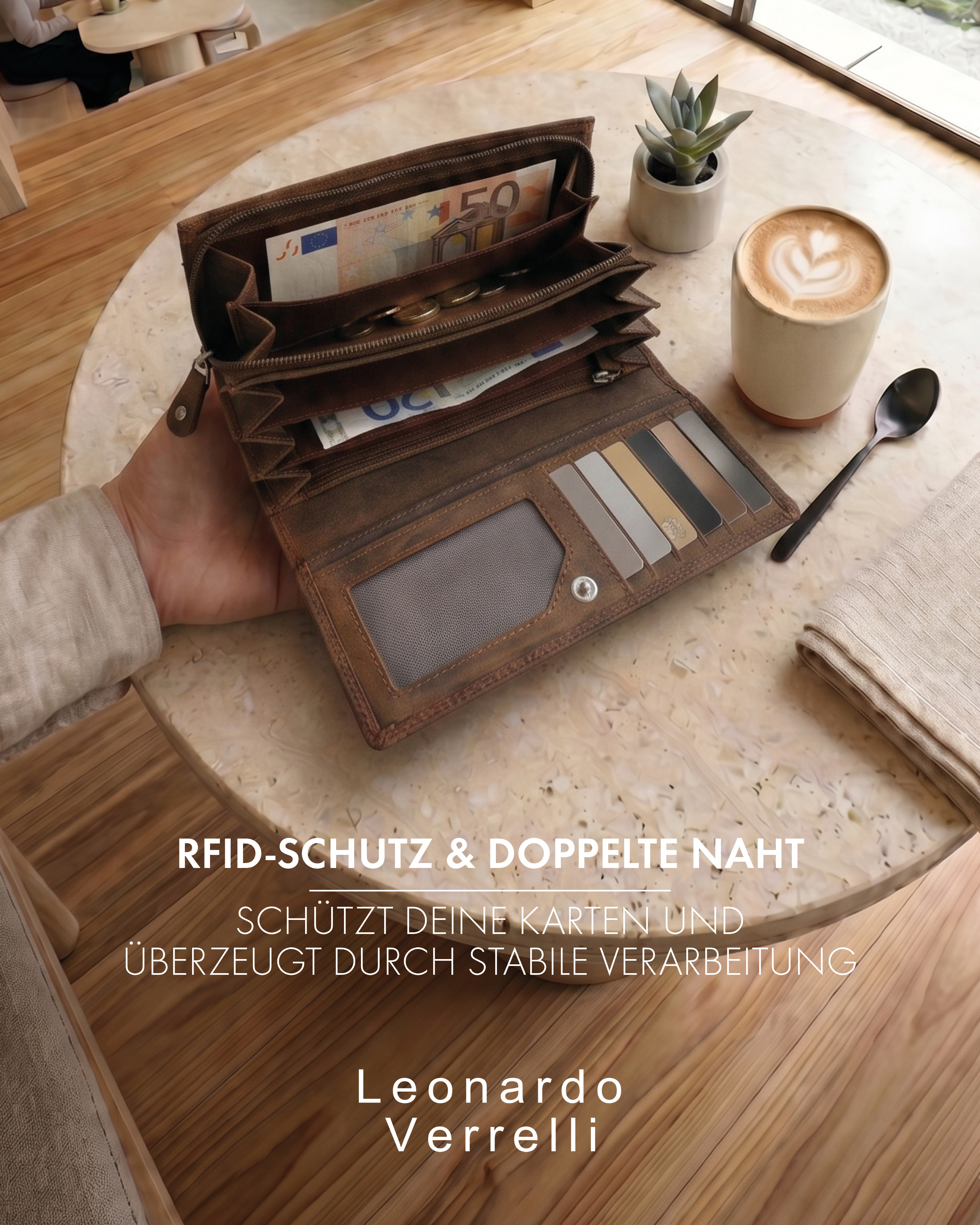 Leonardo Verrelli Echtleder (Hunter) Damen Geldbörse, Querformat, RFID, braun