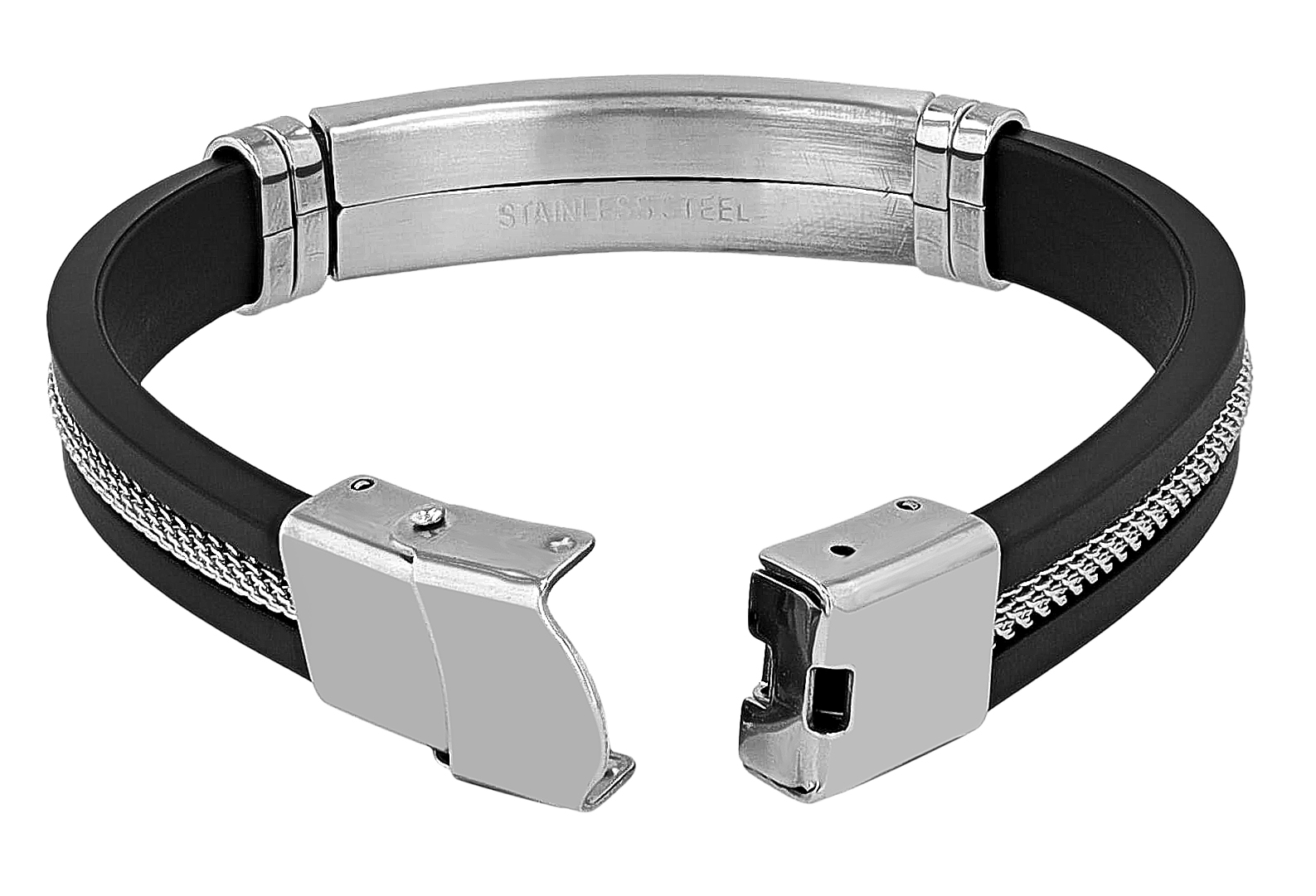 "Luke", Akzent Silikonarmband, Gravurplatte, Edelstahleinsatz, schwarz/silberfarben, 21 cm