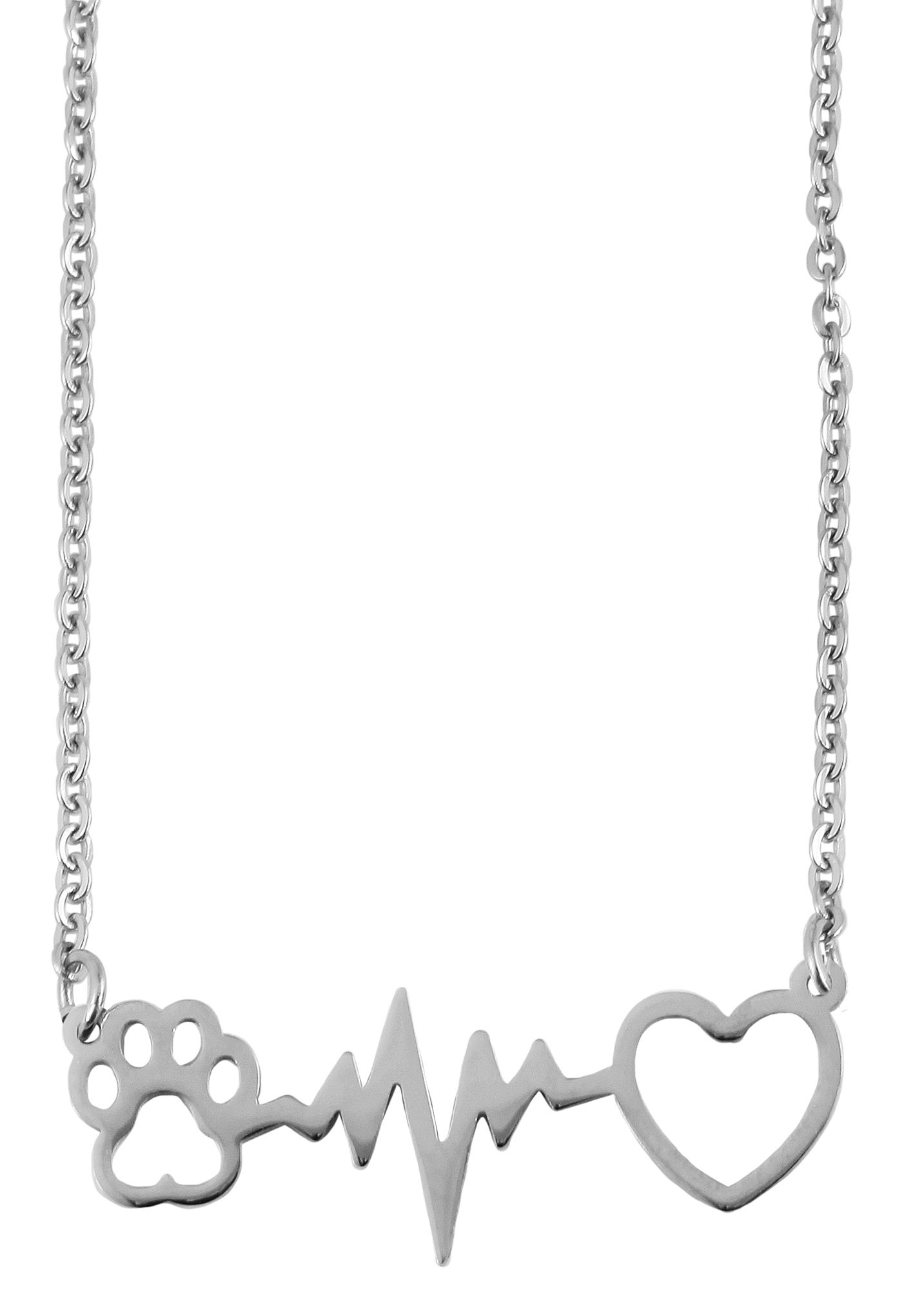 "Lieblingspfote" Edelstahl Kette mit Anhänger - Pfoten, Herz & Herzschlag, 43 + 5cm, silberfarben