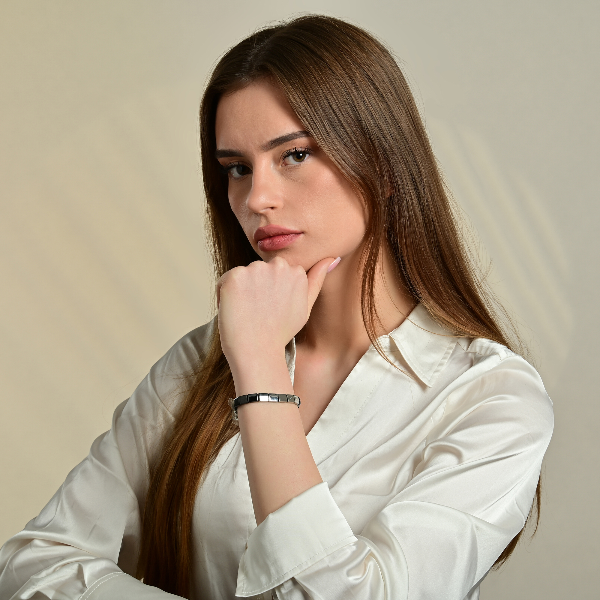 "Ayun" Akzent Edelstahl-Keramik ID-Armband, 20 cm, schwarz/ silberfarben