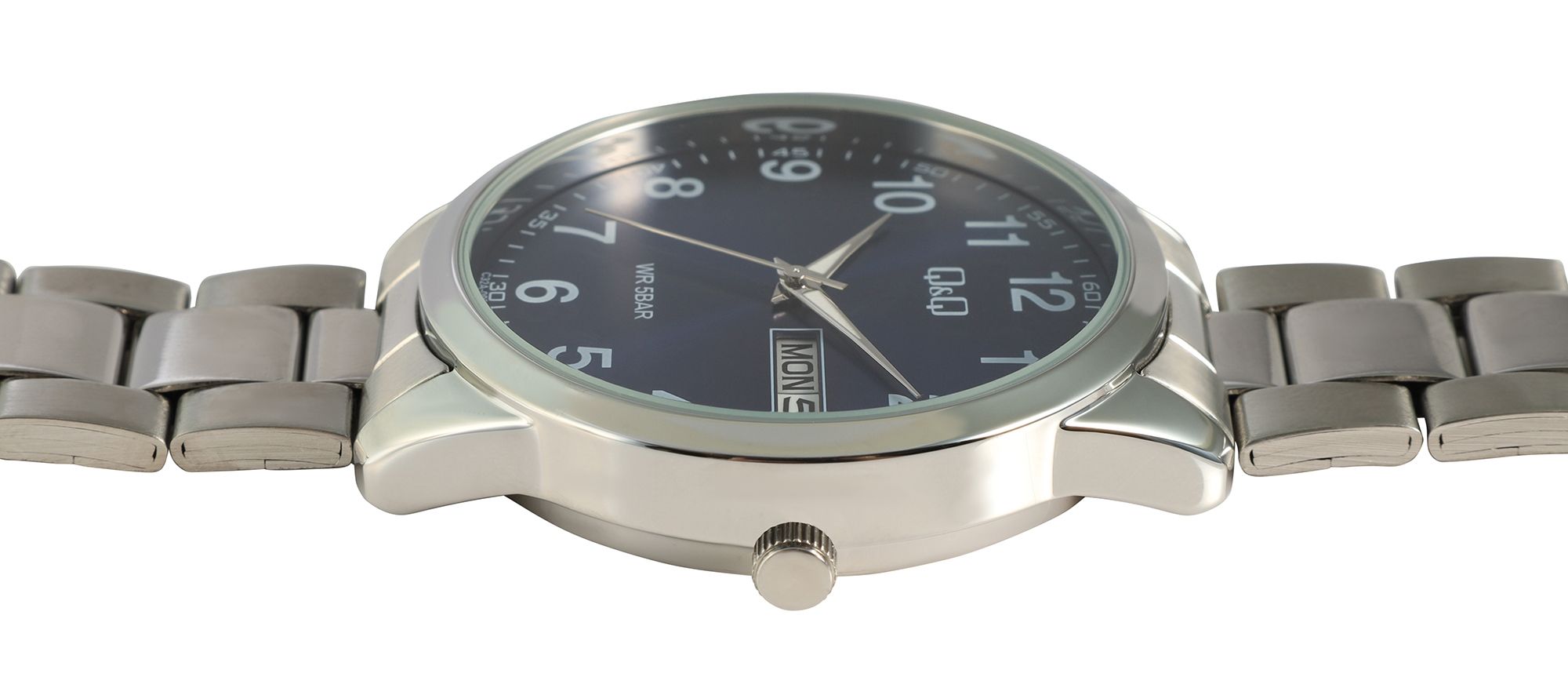 Q&Q Herrenuhr mit Gliederarmband aus Edelstahl, 5 ATM, silberfarben/ZB blau
