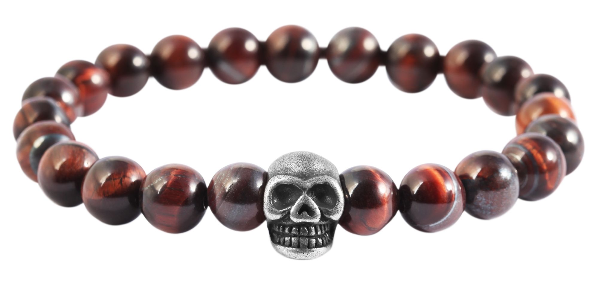 Akzent Naturstein Kugelarmband (Tigerauge) mit Edelstahlelement Totenkopf