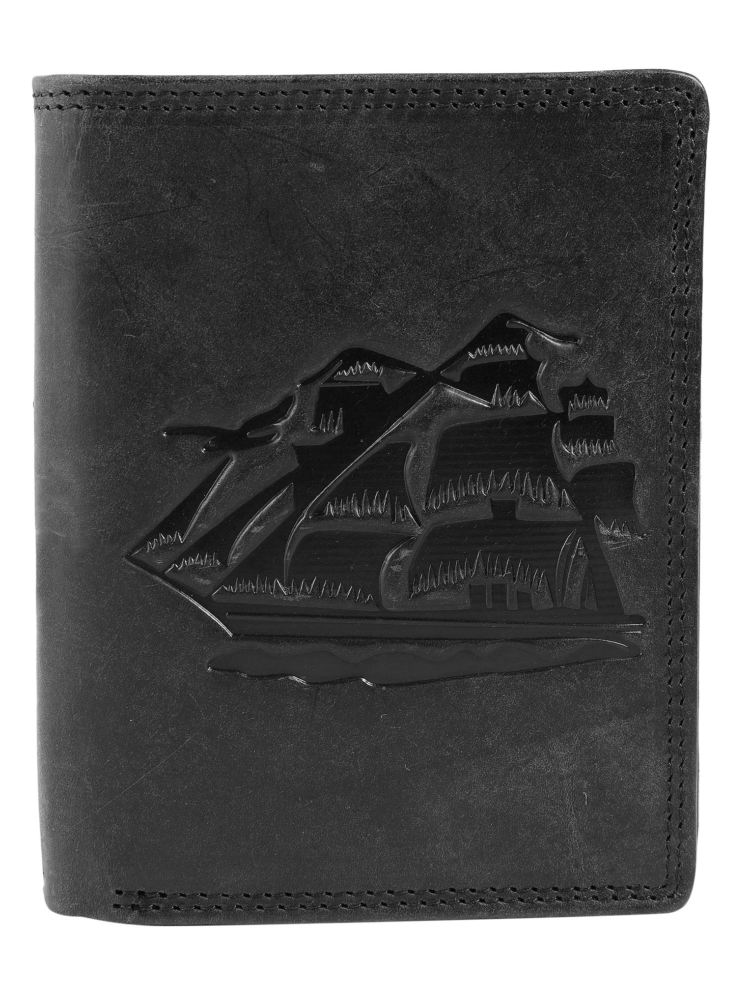 Akzent Echt Leder (Hunter-Leder) Geldbörse, RFID, Hochformat, "Segelschiff", schwarz