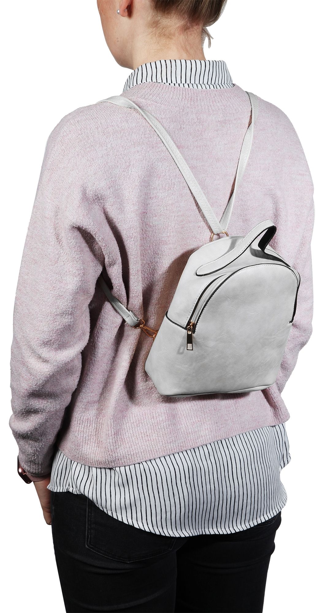 Damen-Rucksack aus Lederimitat, weiß, Länge: 21,5 cm / Breite: 19,0 cm / Stärke: 8,0 cm